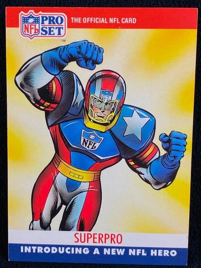 1990 NFL Superpro Hero Card: 1990 NFL Superpro Hero Card 1990 NFL Pro Set card featuring a cross promotion with Marvel for the hero 'Superpro". Please see photos for best description of condition, card is ungraded. 