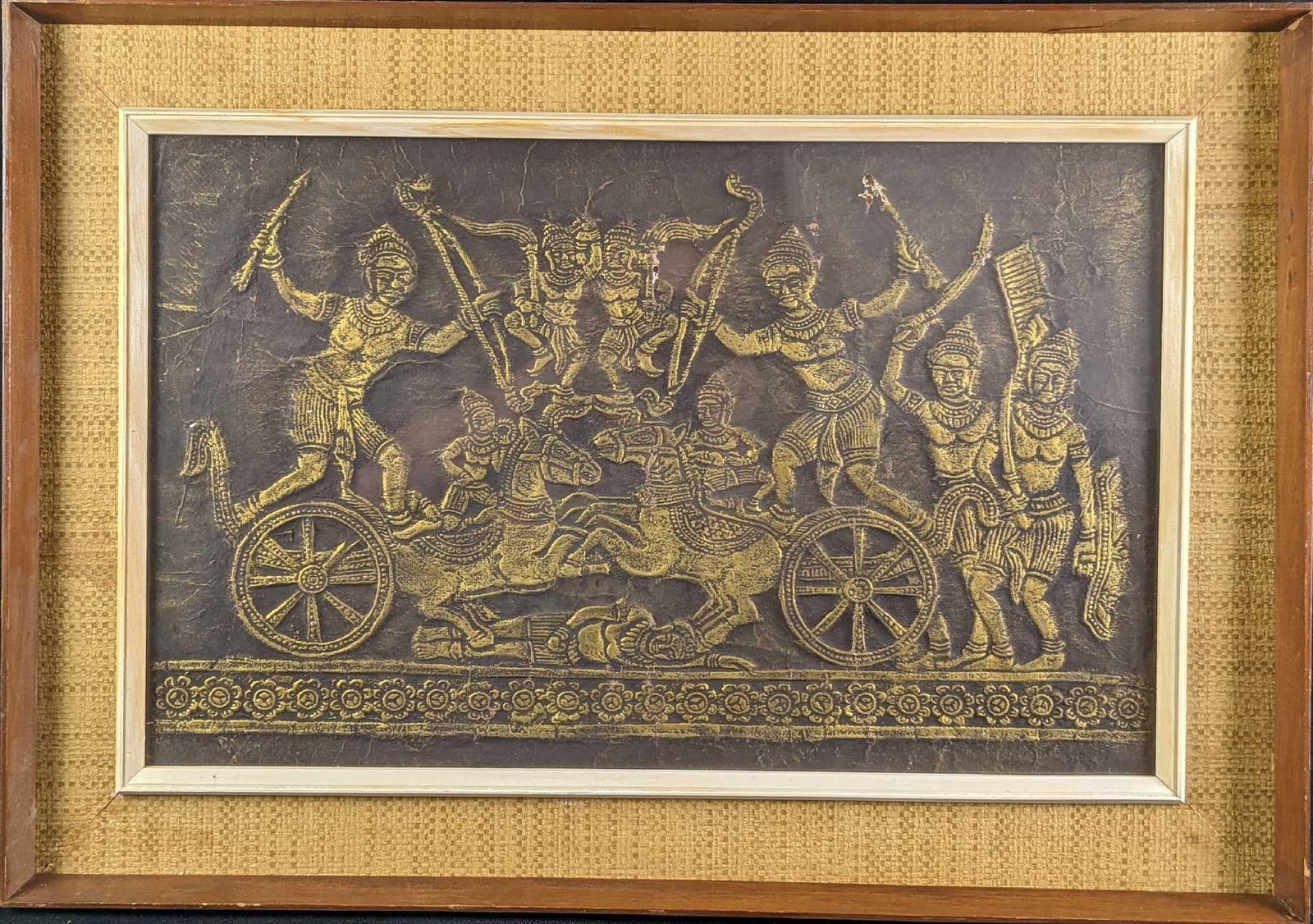 Framed Thai Temple Rubbing Chariot: Framed Thai Temple Rubbing. The framed rubbing is approx 31" x 1" x 22" and it weighs 6.50lbs. The rubbing itself is approx 25" x 15 3/4". The framed rubbing is in a good, vintage condition with some
