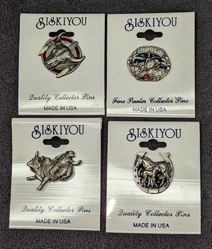 4 Western Themed Siskiyou Pewter Tie Tac Hat Lapel Pins: 4 Western Themed Siskiyou Pewter Tie Tac Hat Lapel Pins. Each is approx 1 7/8" x 1/4" x 2 1/4" and the total weight is 0.06lb. There is some light wear on the pins. Please see the images for a list