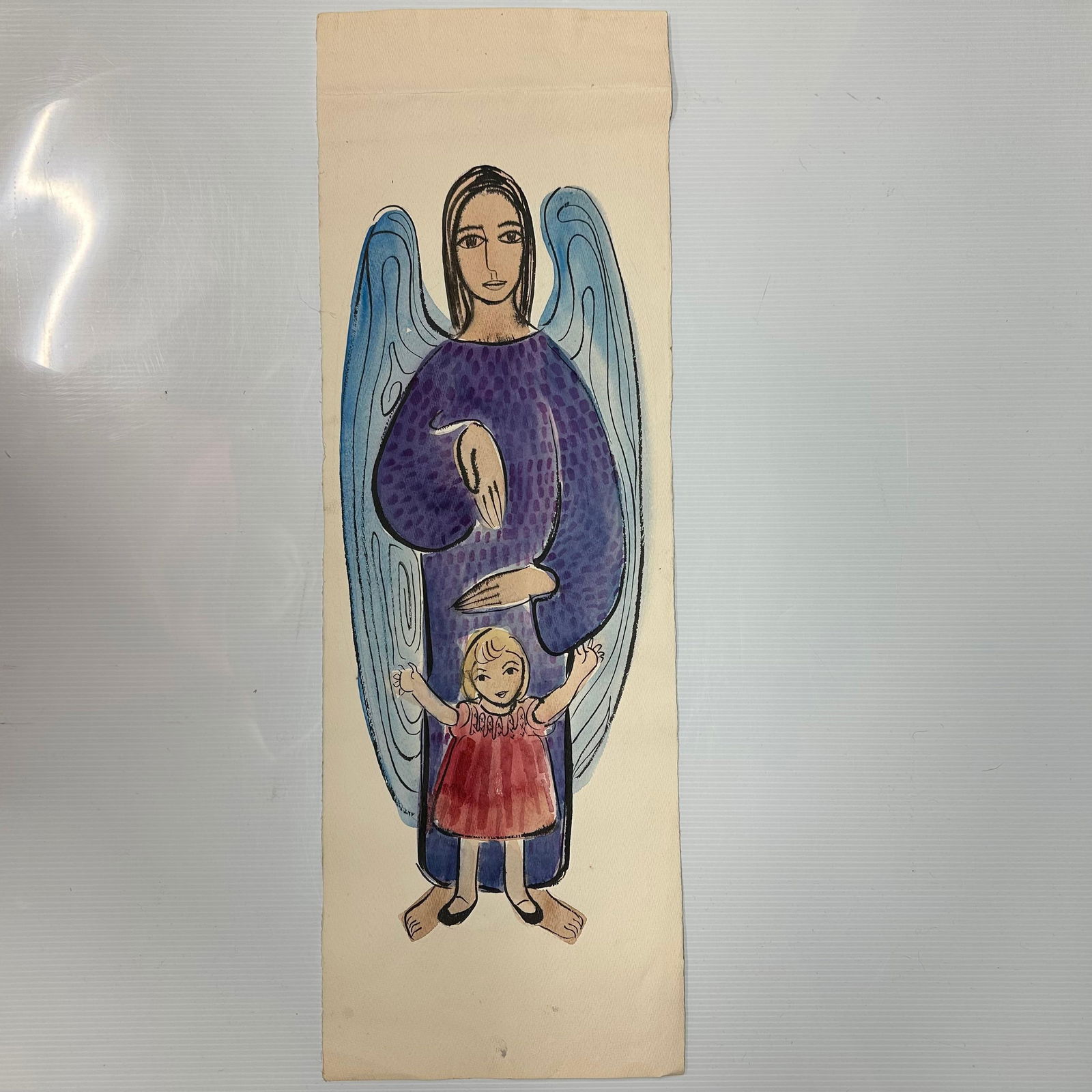 Folk Art Angel Guardian Watercolor Painting on Paper: Hand-painted watercolor and ink folk art illustration depicting a winged angel standing behind a small child with arms raised. The angel is shown with large blue wings and a purple robe, while the