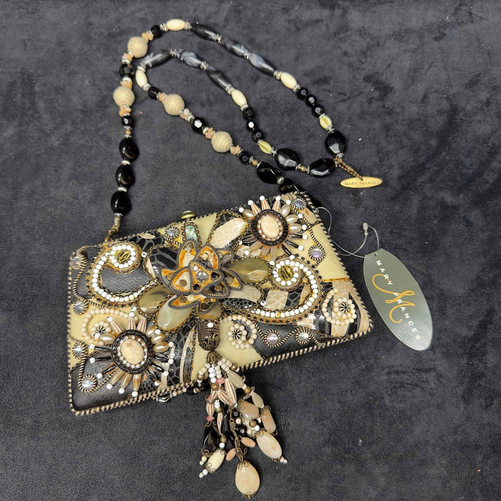 Mary Frances Sequin Beaded Embellished Bead Accent Black White Bag Purse Handbag: Mary Frances Sequin Beaded Embellished Bead Accent Black White Purse Handbag. This small clutch bag features beaded accents, strap, and a snap closure. Includes original black dust jacket bag.