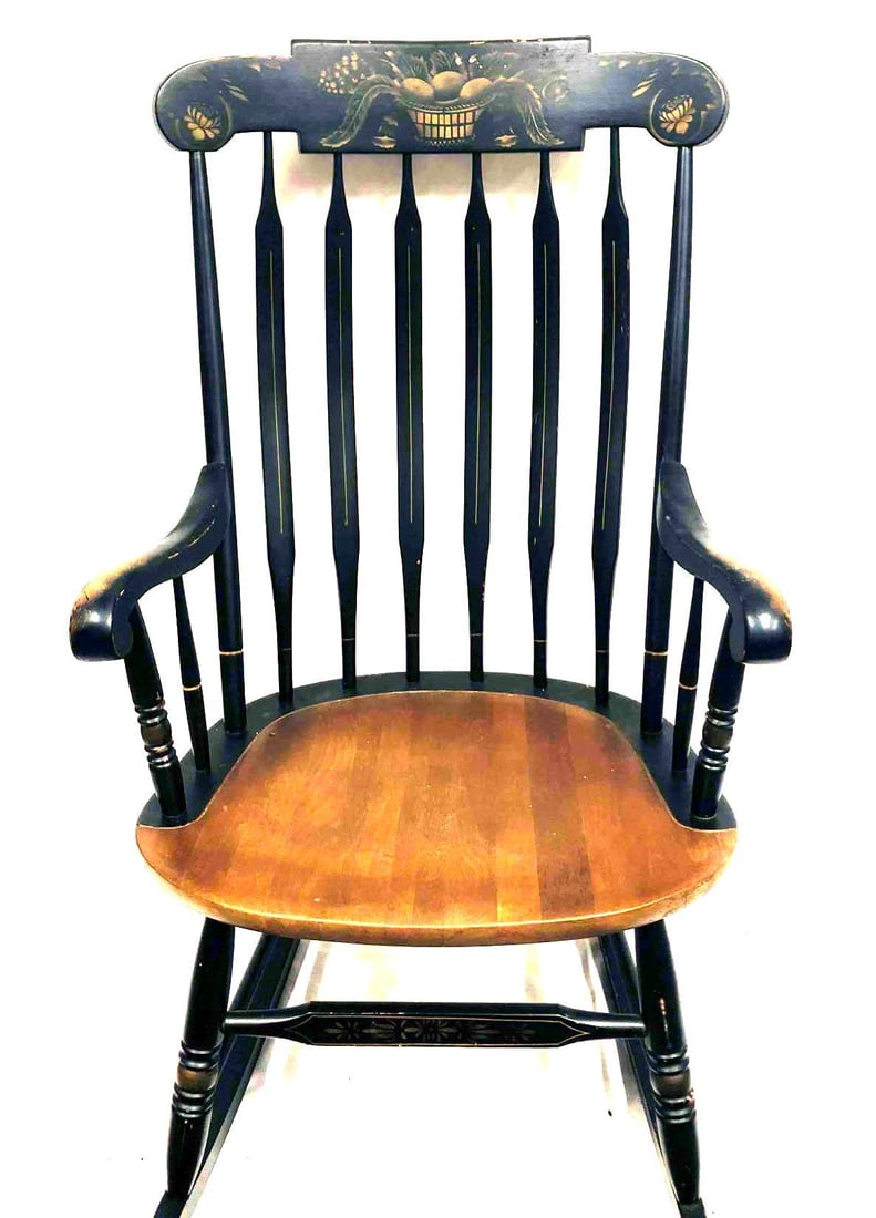 Antique L Hitchcock Black Harvest Arrow Back Rocking Chair: This lot contains an Antique L Hitchcock Black Harvest Arrow Back Rocking Chair. It is approx 23 1/2" x 30" x 40 3/4" and it weighs about lbs. Overall the Rocking Chair is in good used condition
