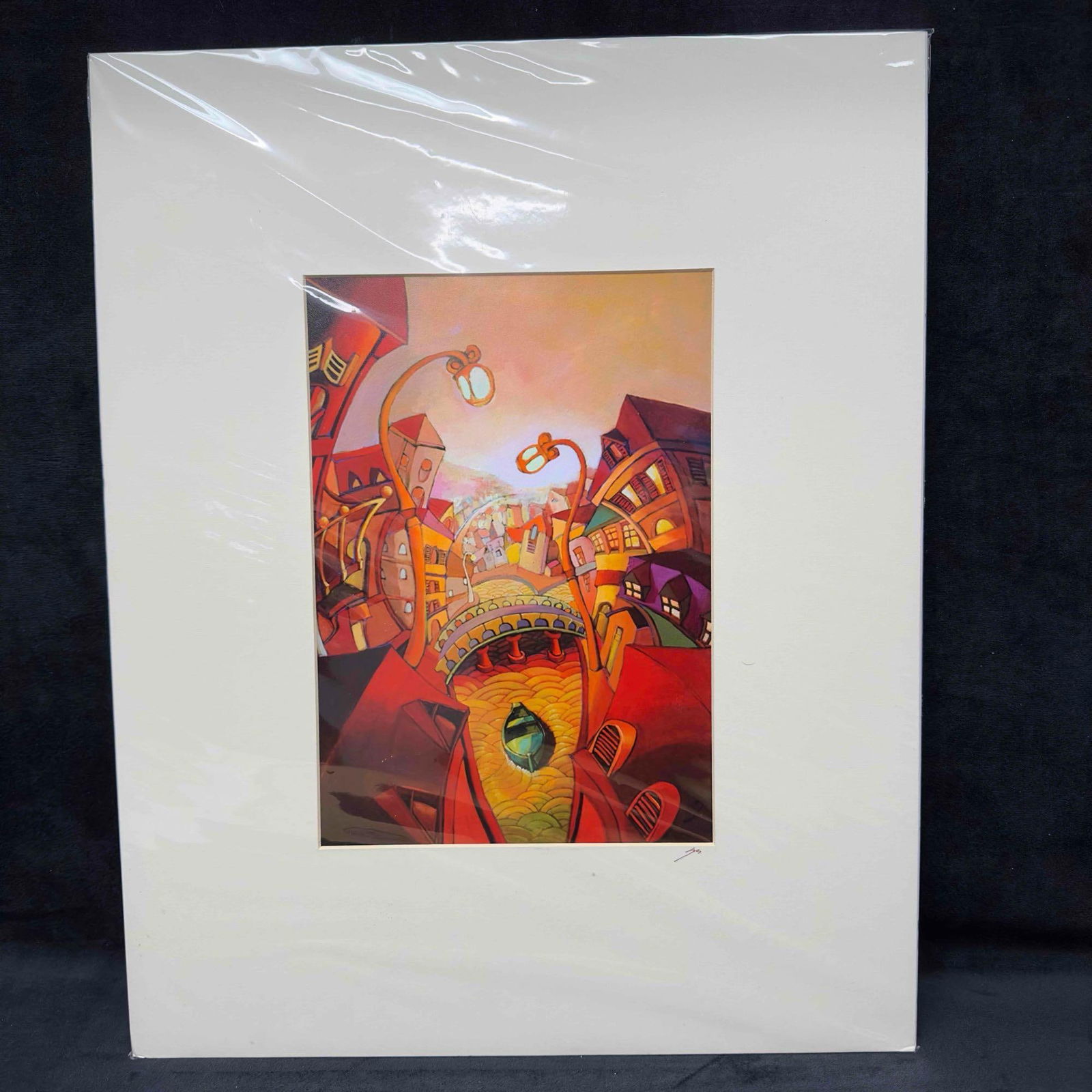 Suro Kim Print Signed Surrealistic Bridge Under Street Lights Boat Scene: Suro Kim Print Signed Surrealistic Bridge Under Street Lights Boat Scene. The print has strong colors. It is signed in the lower right corner by the artist in maroon pen ink. The signature is strong