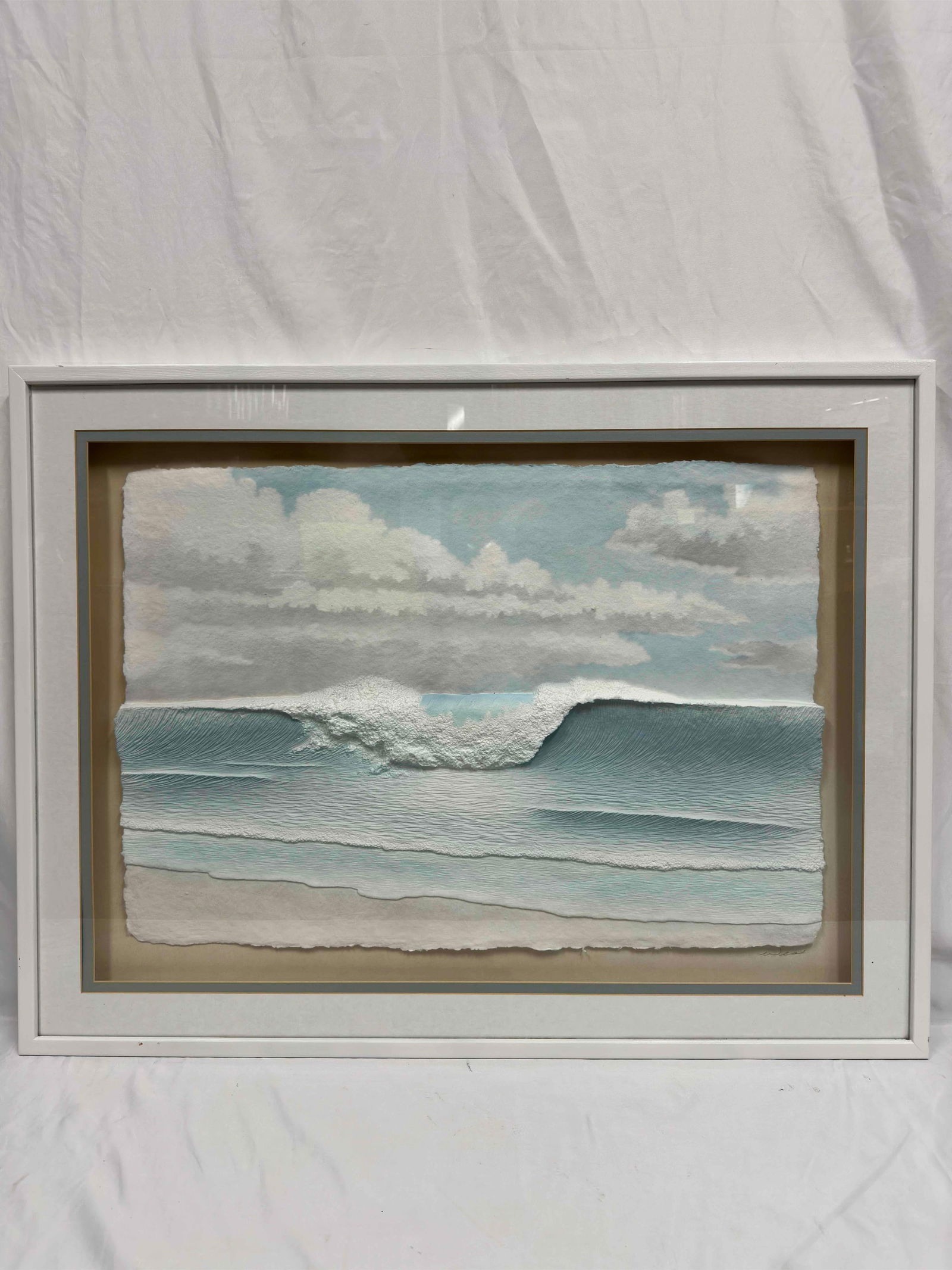 Ocean Break Blue Sea Waves and White Clouds Casting Paper Mixed Media Framed Art J: Ocean Break Blue Sea Waves and White Clouds Casting Paper Mixed Media Framed Art J. This piece features a white wooden frame with a mixed media collage of an Ocean. The landscape casting paper style