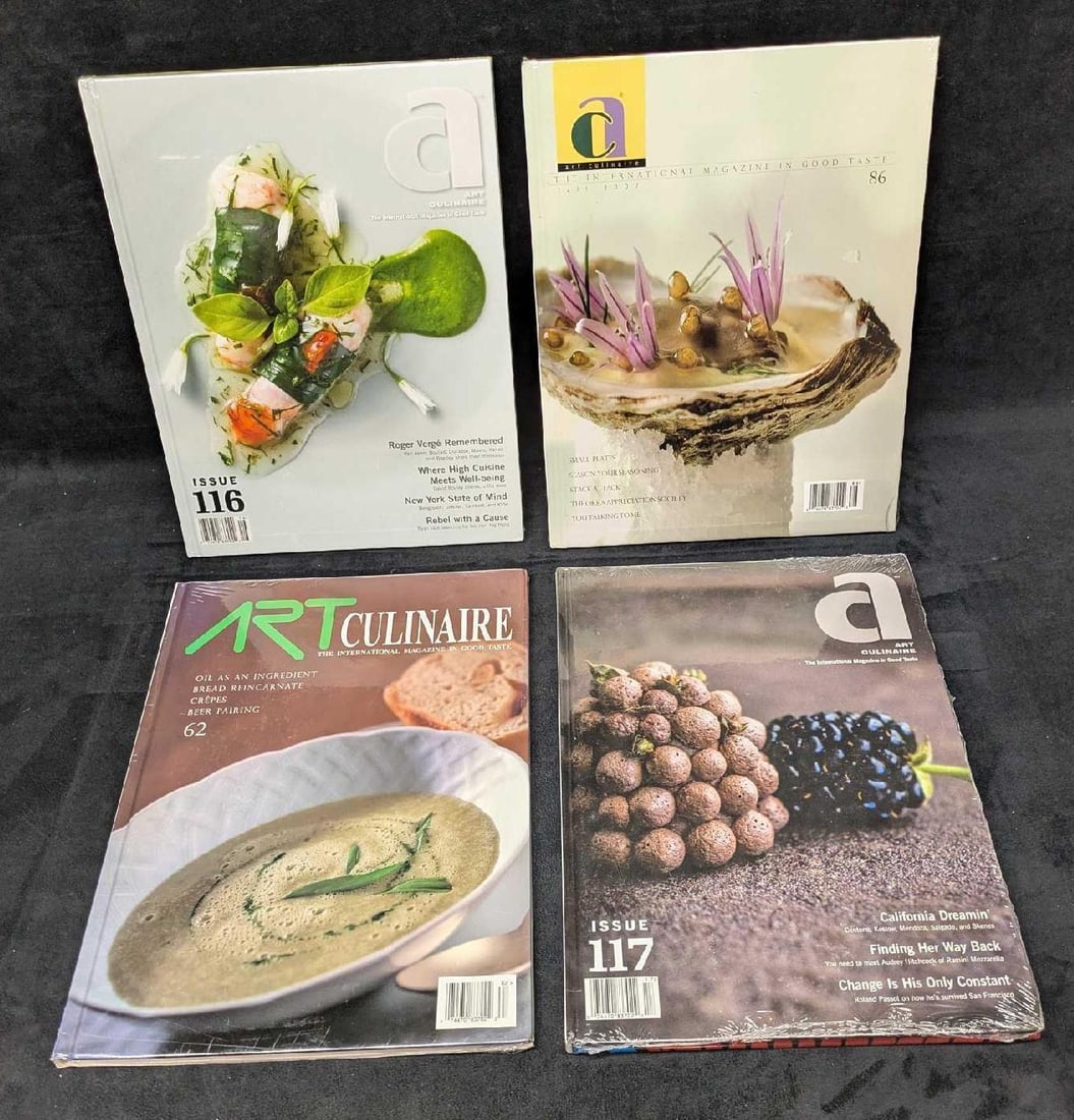 Sealed Art Culinaire Hardcover Magazines 62 86 116 117: Sealed Art Culinaire Hardcover Magazines 62 86 116 117 . This lot includes four sealed hardcover magazines. Each is approx 9 3/4" x 1/4" x 12 7/8" and the total weight is 7.80lbs. There is some wear