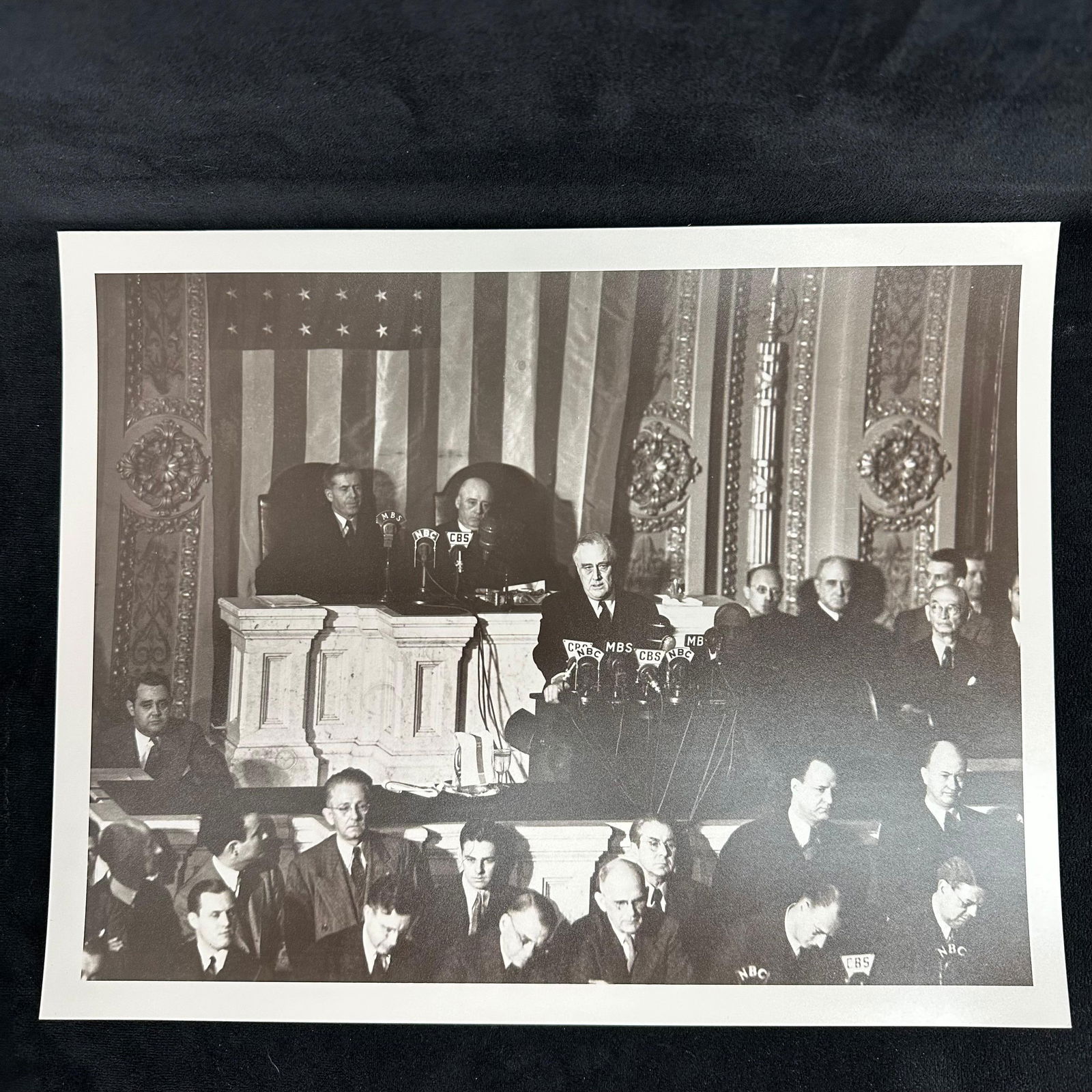 Franklin D. Roosevelt Day of Infamy Speech WWII Pearl Harbor Response Historic Analog Photo Print: Black and white analog photograph on pearl resin-coated photo paper depicting President Franklin D. Roosevelt delivering his historic "Day of Infamy" speech before Congress on December 8,