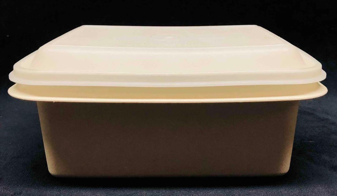Vintage Marked Tupperware Freeze N Save Ice Cream Almond W/ Clear Lid Container: This lot contains a Vintage Marked Tupperware Freeze N Save Ice Cream Almond W/ Clear Lid Container. It is approx 9 1/4" x 6 1/4" x 4 1/2" and it weighs about 0.5lbs. Overall the Tupperware container