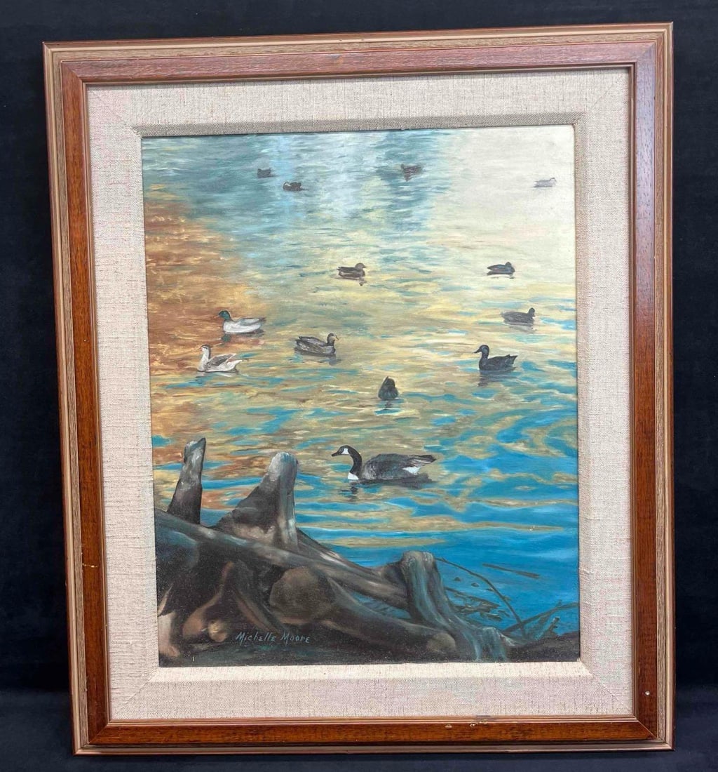 Michelle Moore Framed Original Acrylic On Canvas Duck Pond Scene: This lot contains a Michelle Moore Framed Original Acrylic On Canvas Duck Pond Scene. It is approx 22 1/2" x 1 1/2" x 26 1/2". Total weight is approx 4.5lbs. Overall the Original is in good pre
