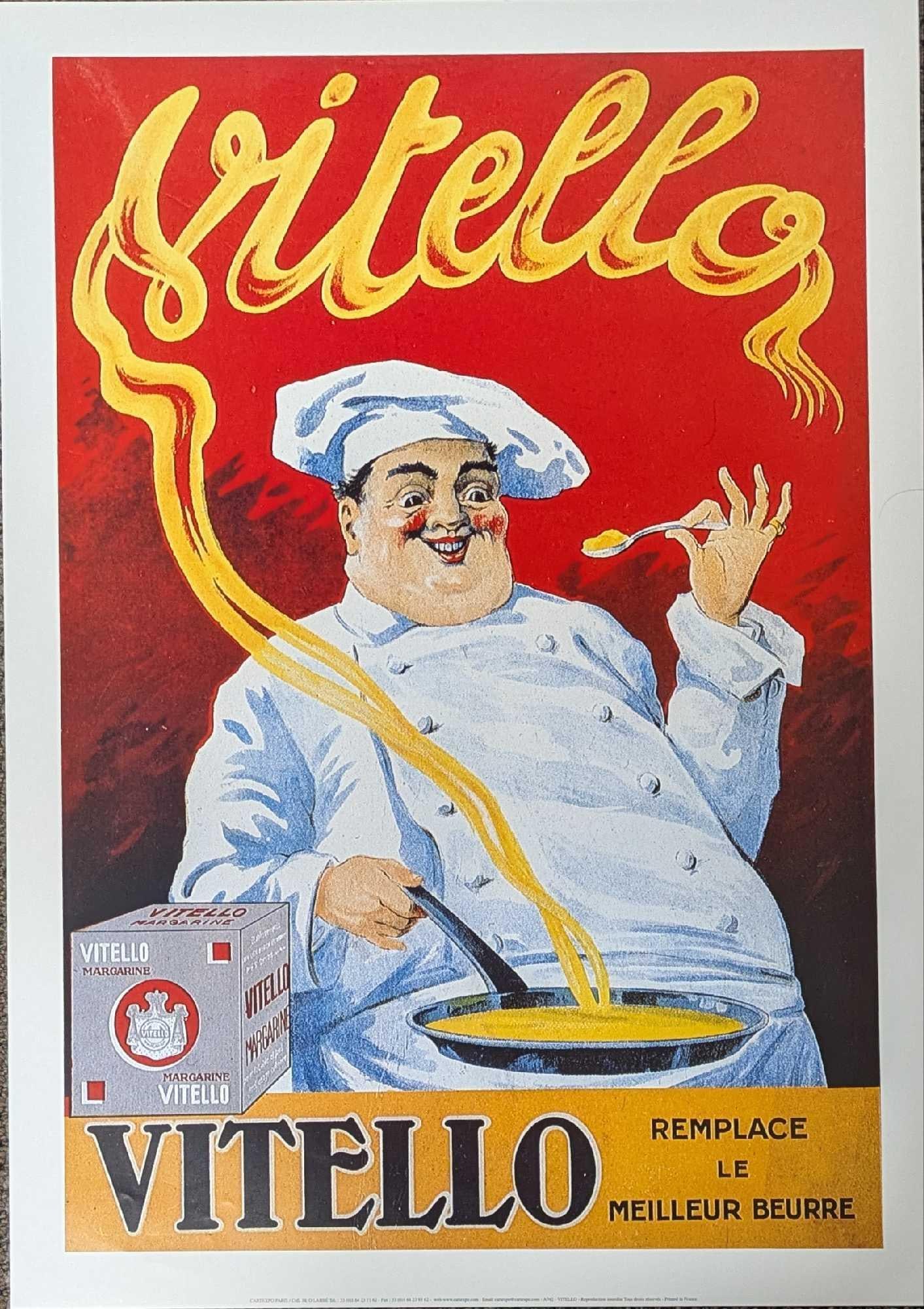 French Margarine Vitello Reproduction Poster: French Margarine Vitello Reproduction Poster. It's 19 1/2" x 27 1/2" and it weighs 0.15lb. The poster has light creases on the edge due to age and storage.