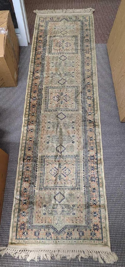 Vintage Shirvan Viscose Rayon Beige Hallway Runner Rug: Vintage Shirvan Viscose Rayon Beige Hallway Runner Rug. This is approx 27 1/2" x 98". Folded, it is approx 14" x 14" x 2 1/2" and it weighs 1.50lb. The rug's colors are faded and there are some signs