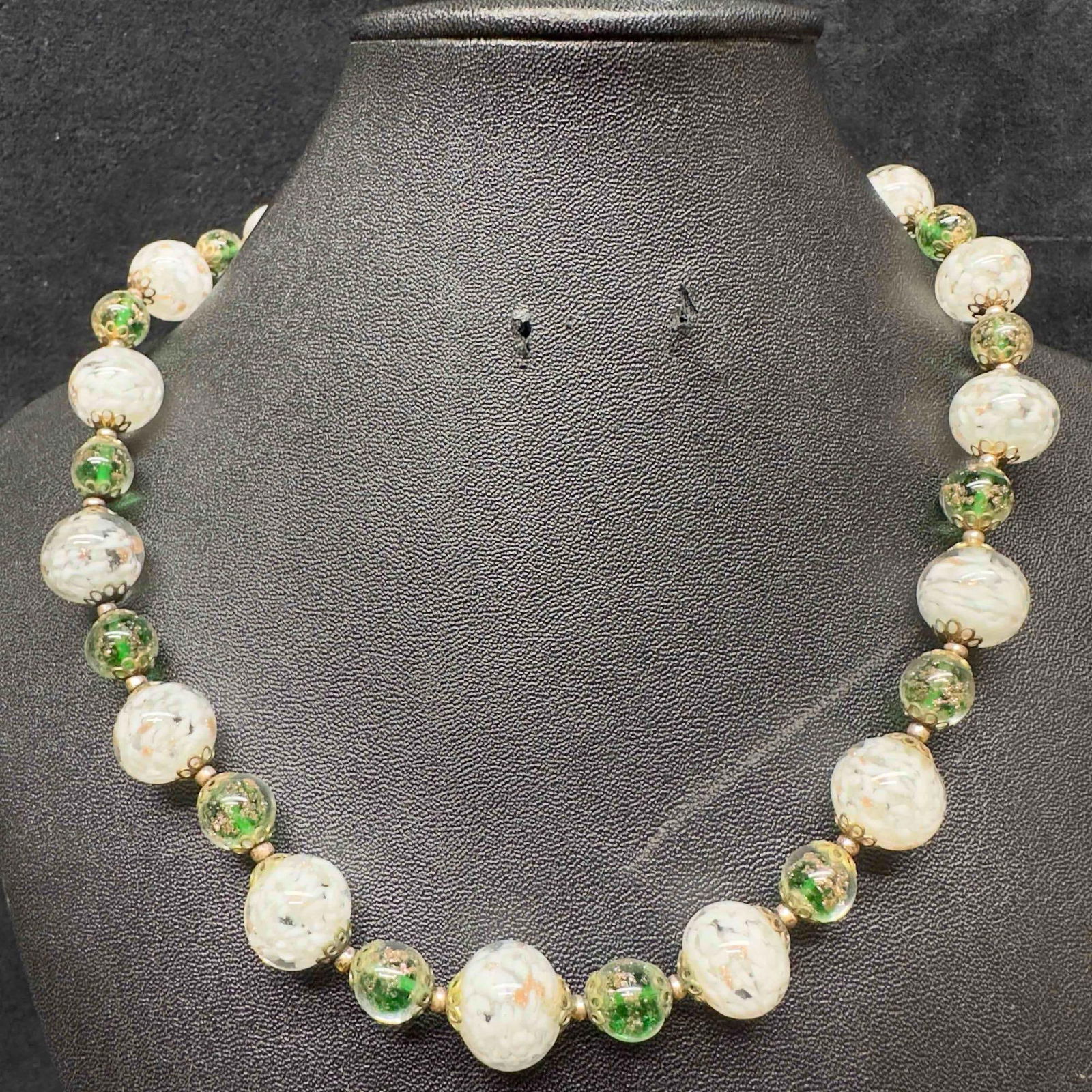 Venetian Murano Lamp Work Art Glass White Green Colored Copper Infused Beaded Necklace C34 (1 of 7)