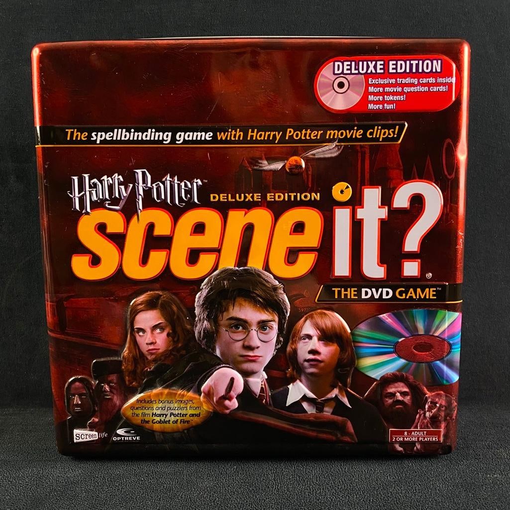 Harry Potter Scene It DVD Board Game in Tin: Harry Potter Scene It DVD Board Game in Tin Scene It board DVD game, Harry Potter edition. The game comes in a tin box and features branded game tokens and board. Players answer questions based on cl