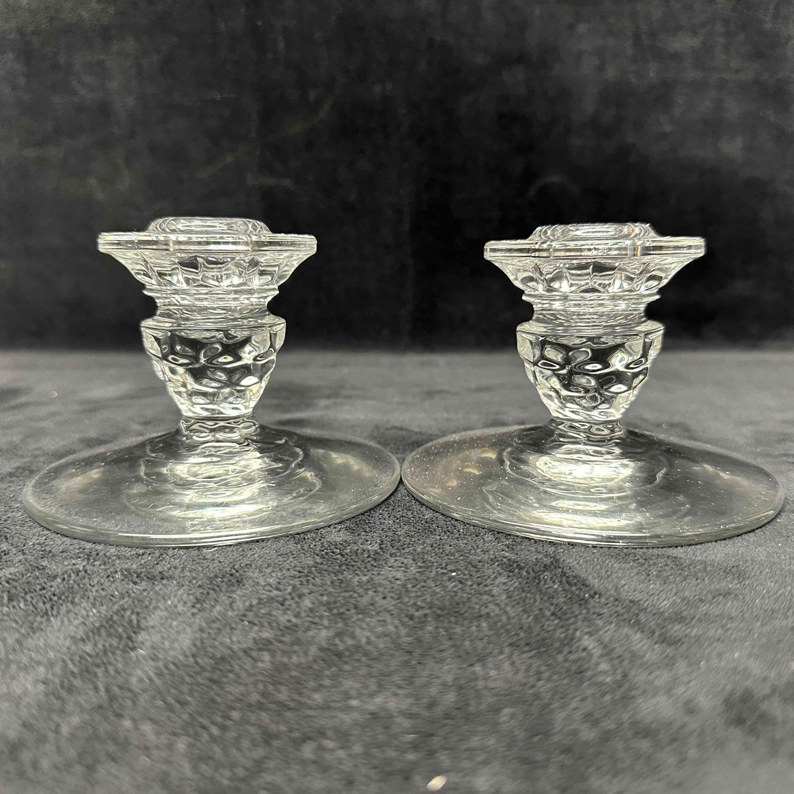Fostoria American Mid Century Modern Short Candle Stick Holder Set: These are Fostoria American Clear glass taper candle holders from the American pattern. This pattern, known for its block geometric design, and was produced until 1988. No chips, cracks, or breaks. Th