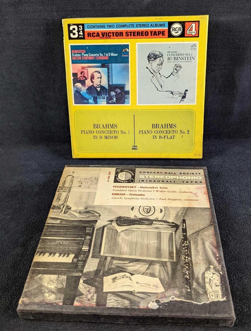 Tchaikovsky & Brahms 4 Track Tapes: Tchaikovsky & Brahms 4 Track Tapes This lot consists of: (1) Concert Hall Society Tchaikovsky - Nutcracker Suite & Sibelius - Finlandia. 4 Track Tape. It comes in its original box which is a