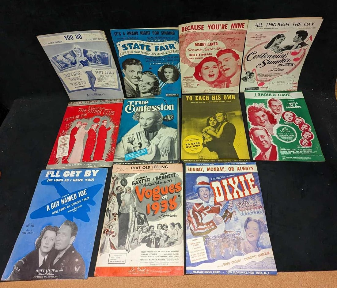 11 Vintage Classic Movie Sheet Music: 11 Vintage Classic Movie Sheet Music. This lot includes: (1) Because You're Mine. This was copyrighted in 1951. (1) You Do - Mother Wore Tights. This was copyrighted in 1947. (1) I