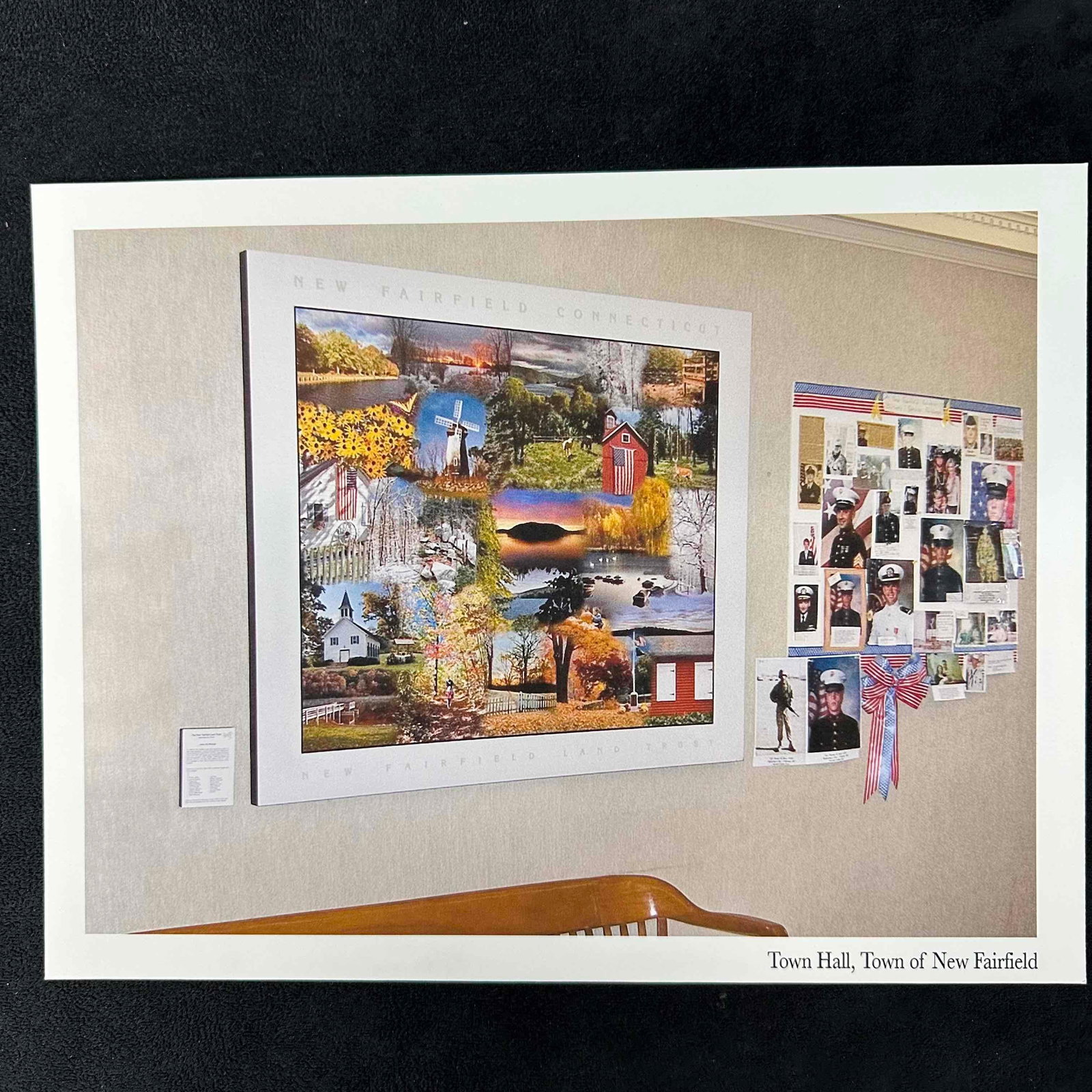 Photo Print Town Hall New Fairfield Connecticut: A color photo print of the Photographic mural installation at Town Hall in New Fairfield, CT, showcasing a collage of local landmarks, landscapes, and community scenes. Accompanied by a wall display h