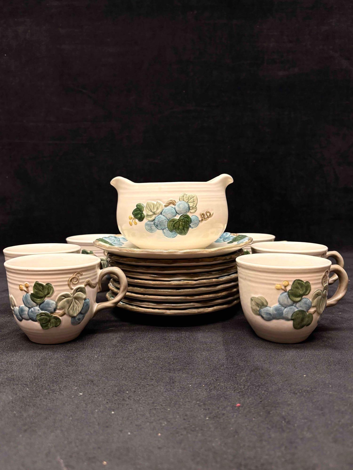 15pc Metlox Potteries Poppytrail Line Ceramic Sculptured Grape Tea Set: From the Metlox Potteries line "Poppytrail", this ceramic grape sculptured tea set consists of six (6) teacups accompanied by their saucers and a matching gravy bowl. This design was introduce