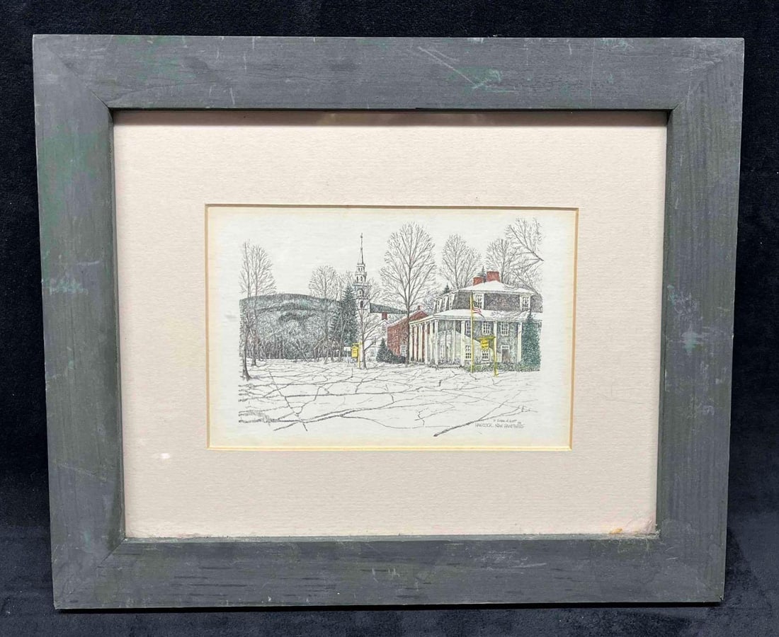 Framed Clark M. Goff Print Hancock, New Hampshire: This lot contains a Framed Clark M. Goff Print Hancock, New Hampshire. The frame is approx 10" x 12" while the print itself is approx 4 1/4" x 6 1/2". Total weight is approx 1.1lbs. Overall