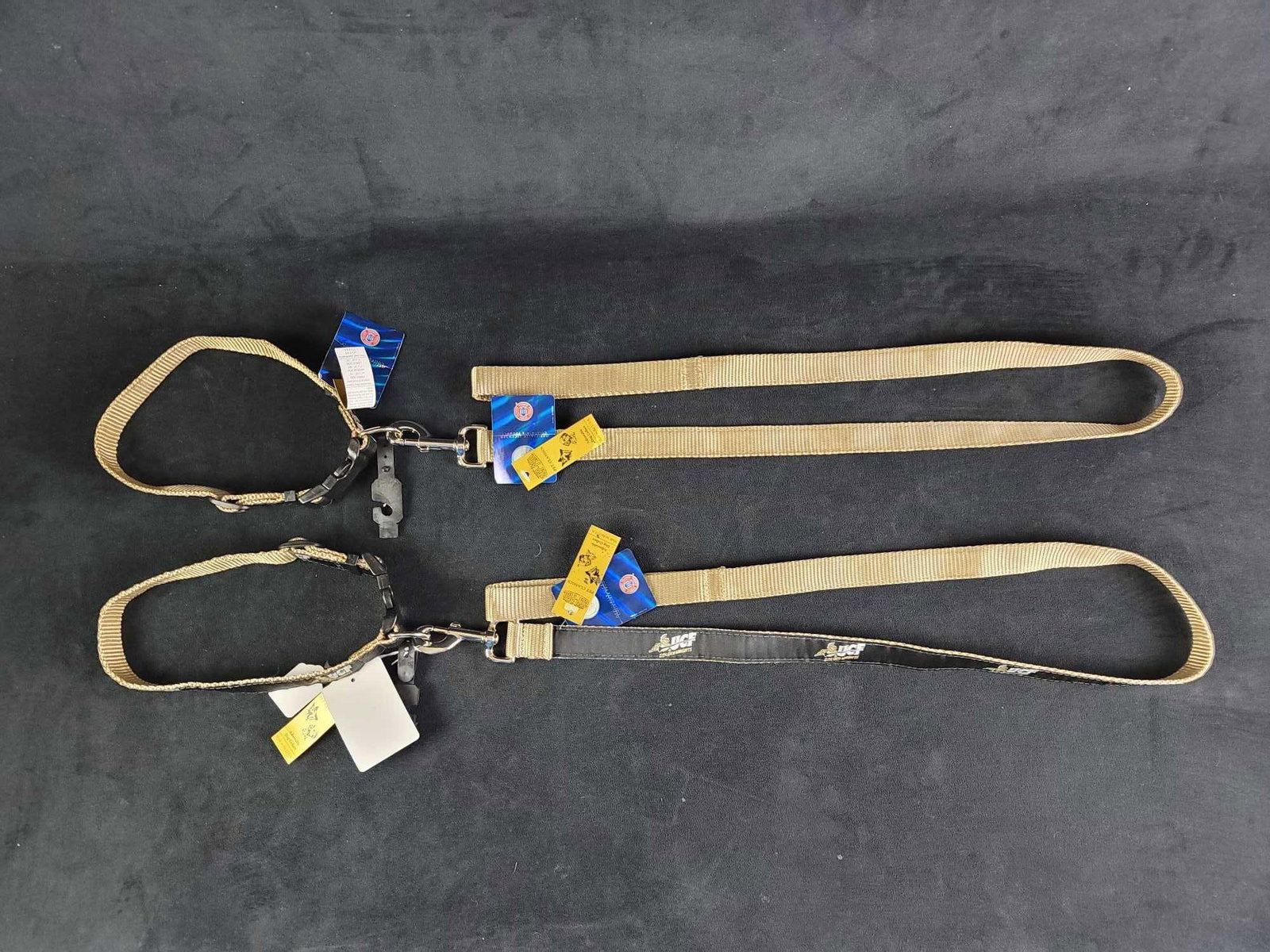 UCF Football Dog Collars and Leashes B: Lot contains 2 collars and leashes: 1- UCF, black with knight logo, Size M, made in the USA by Zep Pro. length collar 20", leash length 4' 1- UCF, black with knight logo, Size M, Made in the