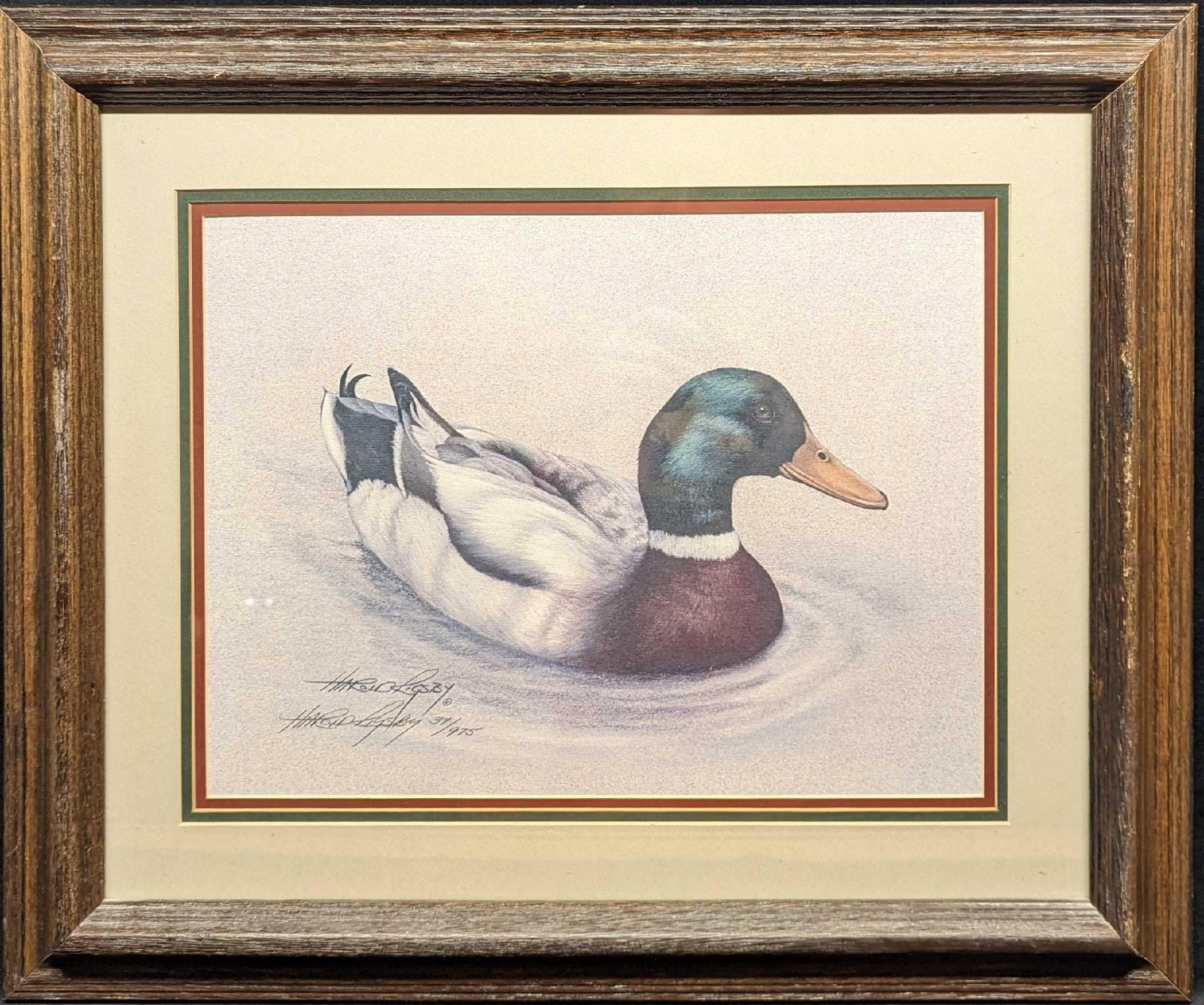 Framed S&N Harold Rigsby Mallard Duck Print: Framed S&N Harold Rigsby Mallard Duck Print. This print is #37 out of #975. The framed print is approx 23 1/2" x 1 1/2" x 20" and it weighs 7lbs. The frame has some signs of wear, chips, and scratches