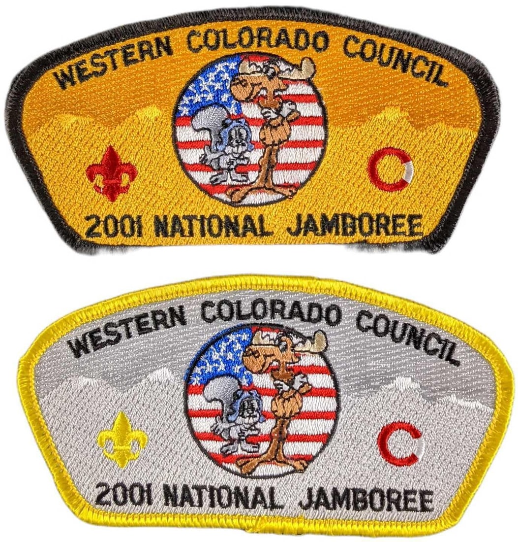 Two Western Colorado Council 2001 National Jamboree Patches: Two Western Colorado Council 2001 National Jamboree Patches. Both have cartoon characters Bullwinkle & Rocky The Flying Squirrel. Each patch is approx 4 3/4" x 2 1/2" and together they weigh under one