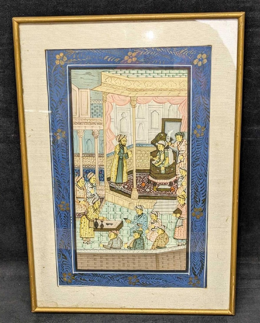 Vintage Middle East Style Painting On Silk Royal Court B: Vintage Middle East Style Painting On Silk Royal Court B. This is approx 12 1/2" x 1/2" x 16 3/8" and it weighs 1.90b. There are some markings on the matting and some signs of wear and creases on the