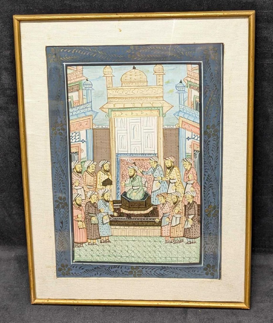 Vintage Middle East Style Painting On Silk Royal Court: Vintage Middle East Style Painting On Silk Royal Court. This is approx 12 1/2" x 1/2" x 16 3/8" and it weighs 0.60lb. There are some markings on the matting and some signs of wear and creases on the