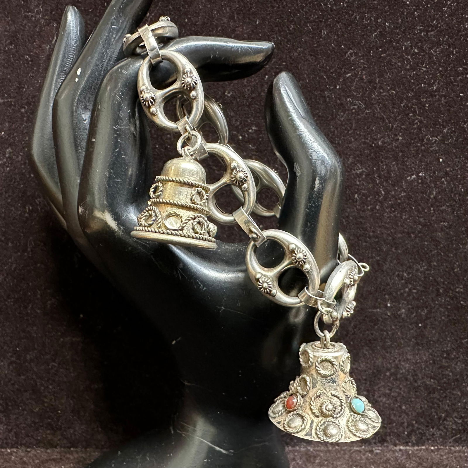 Etruscan Revival Style Chunky Bell Fob Stone Charm 800 Silver Bracelet R27: This item is in good pre-owned, previously used/displayed condition with noticeable light wear and surface scratches. Please reference all photos for full details. This piece of jewelry has been