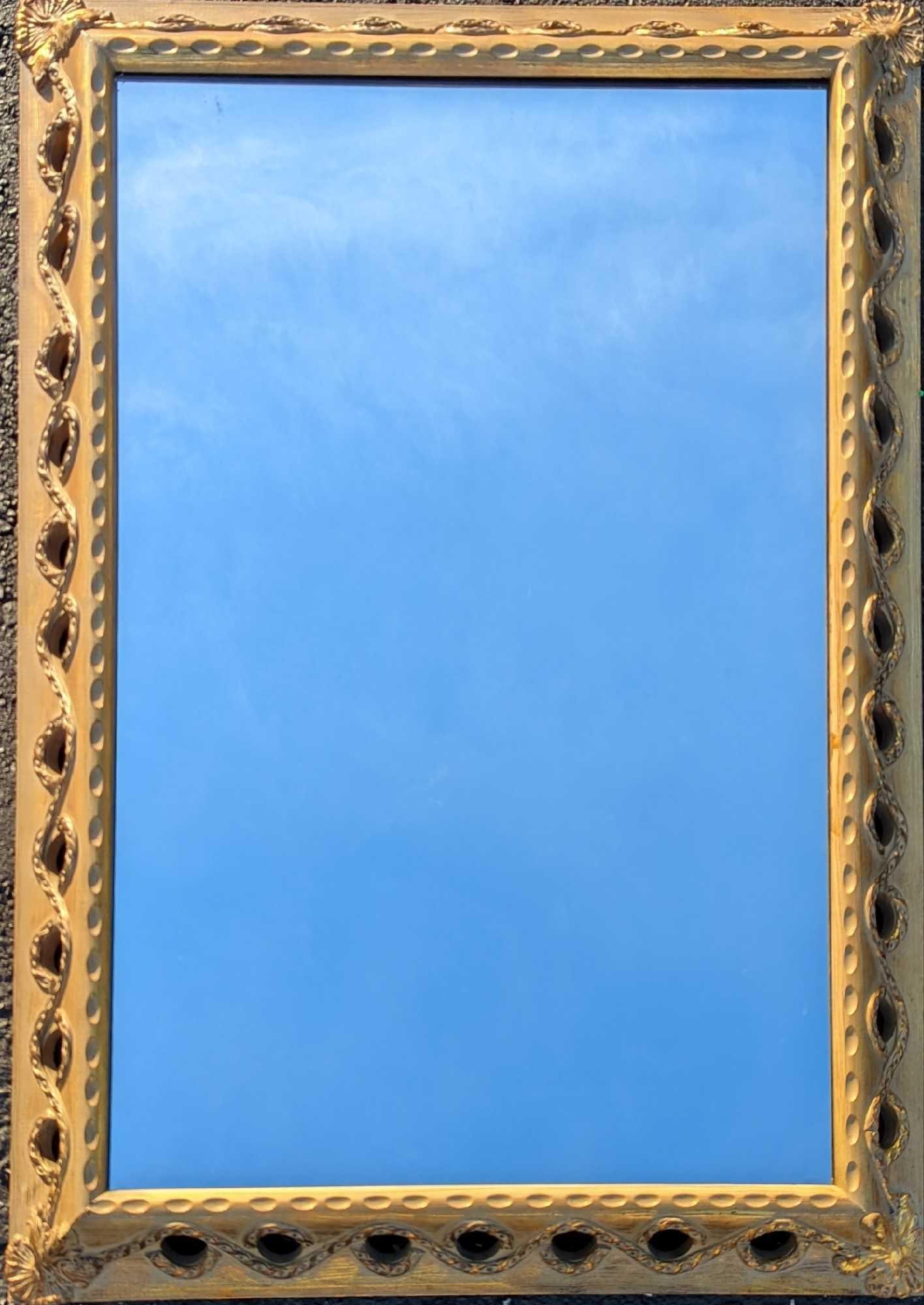 Vintage Large Framed Mirror: Vintage Large Wood Resin Framed Mirror. The framed mirror is approx 30" x 3" x 42 1/2" and it weighs 28lbs. The mirror itself is approx 23" x 35 1/2". The framed mirror is in a good, vintage