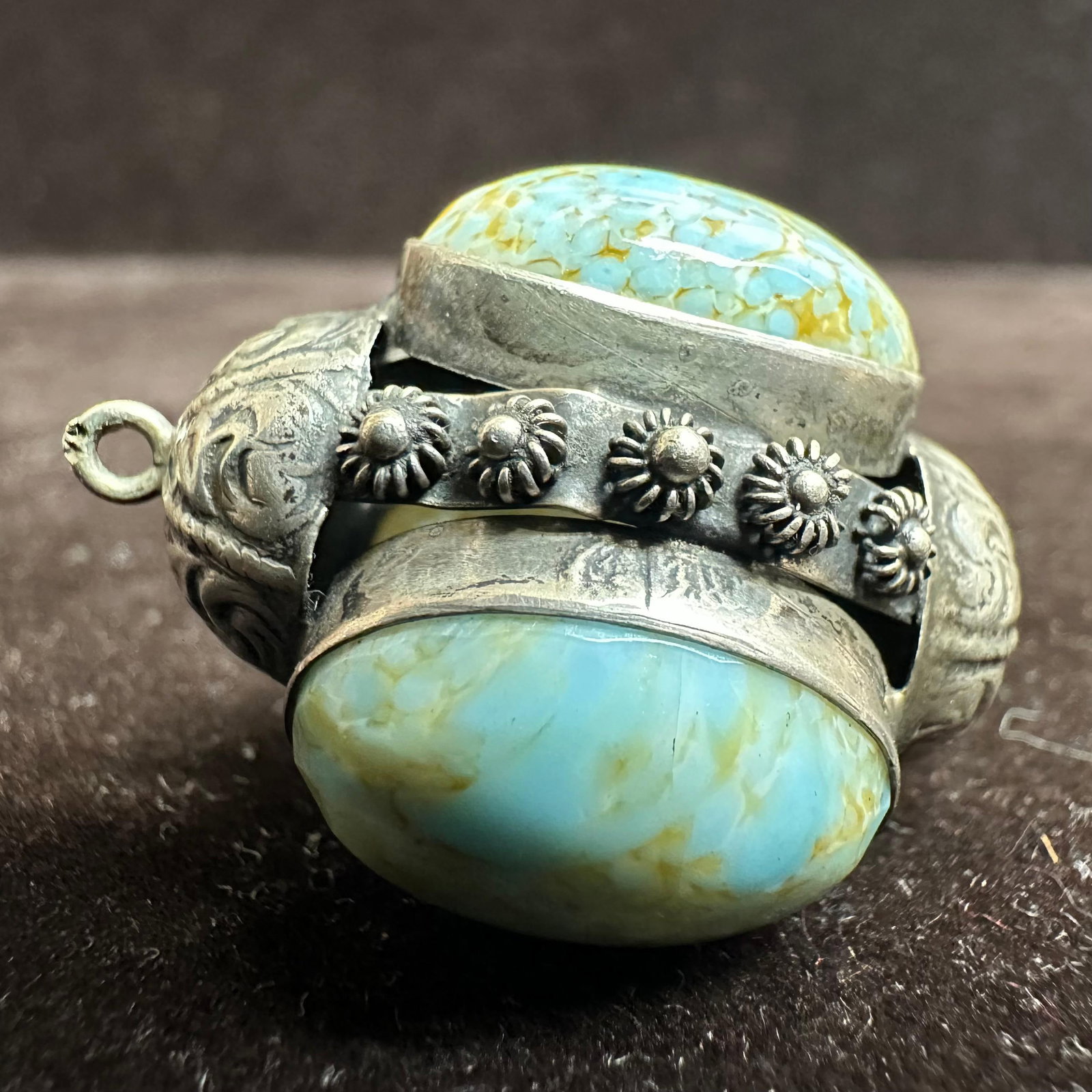 Silver Charm Silverwork Art Deco Design Pale Blue Stone T99: This item is in good pre-owned, previously used/displayed condition with noticeable light wear and surface scratches. Please reference all photos for full details. This piece of jewelry has been teste