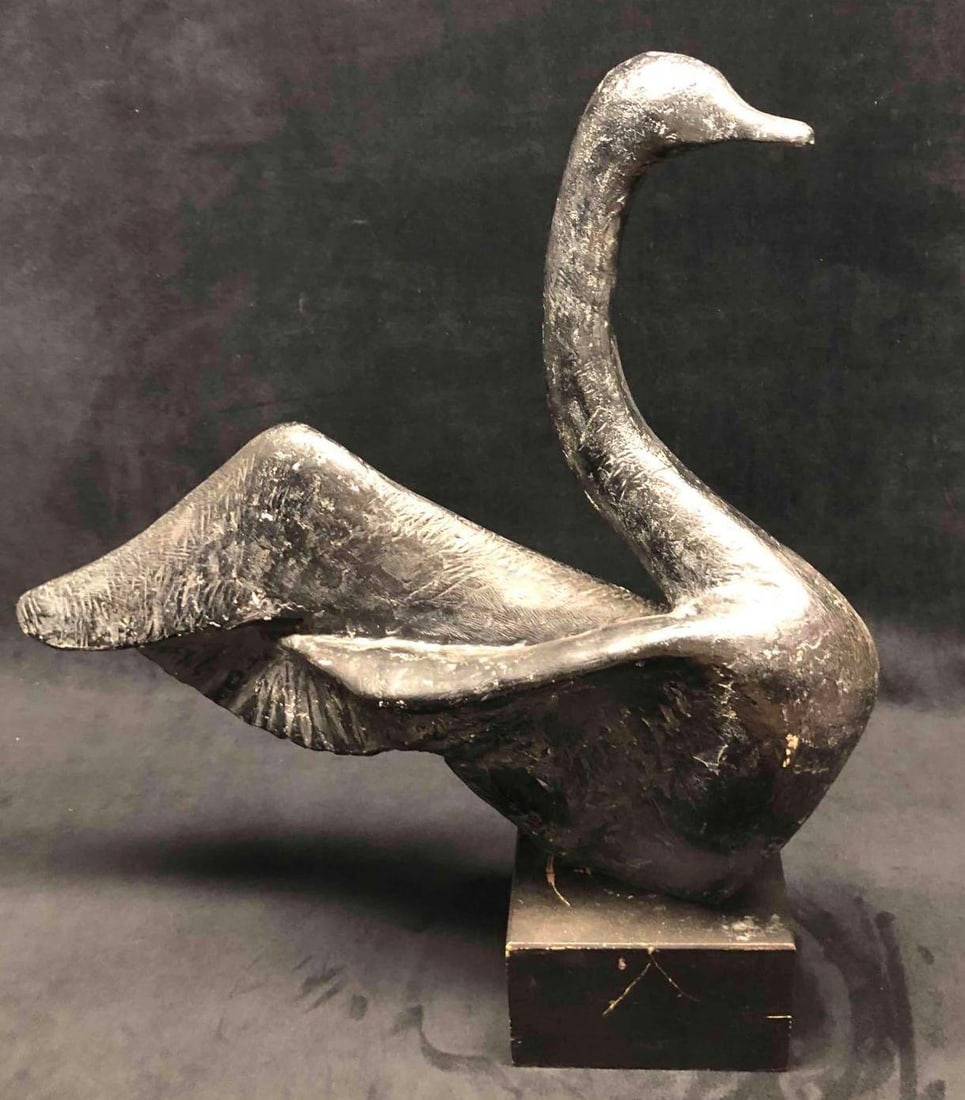 Austin Productions 1971 Swan Sculpture On Black Wooden Base: This lot contains a Austin Productions 1971 Swan Sculpture on black wooden base.This is made of what the company called "Durastone", which is hand cast and hand finished. Durastone is a special