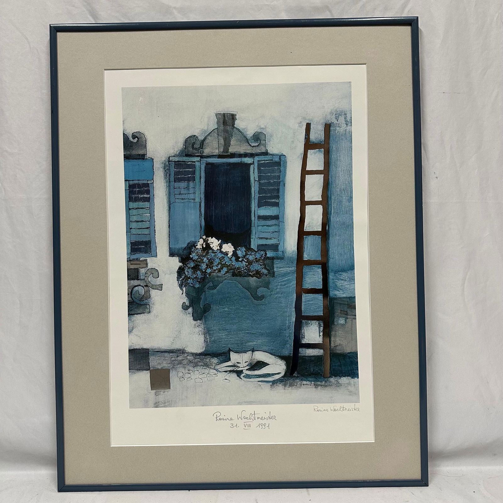 Framed Rosina Wachtmeister Signed Foil Enhanced Lithograph: Looks like her "Via Galileo Galilei VI" with the ladder on the right side, instead of the left. Print has added foil to give certain items a more metal appearance. Was signed by the artist on the