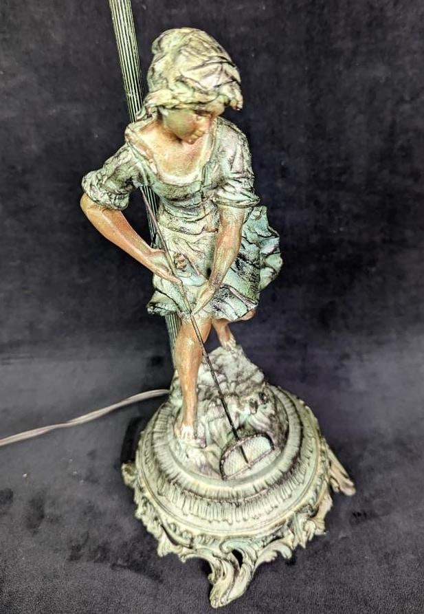 Vintage Style After Auguste Moreau Lamp: Vintage Style After Auguste Moreau Lamp. Vintage style lamp after French sculptor Auguste Moreau. This spelter lamp has a bronze patina with an moulded signature "A.Moreau" and brass patina