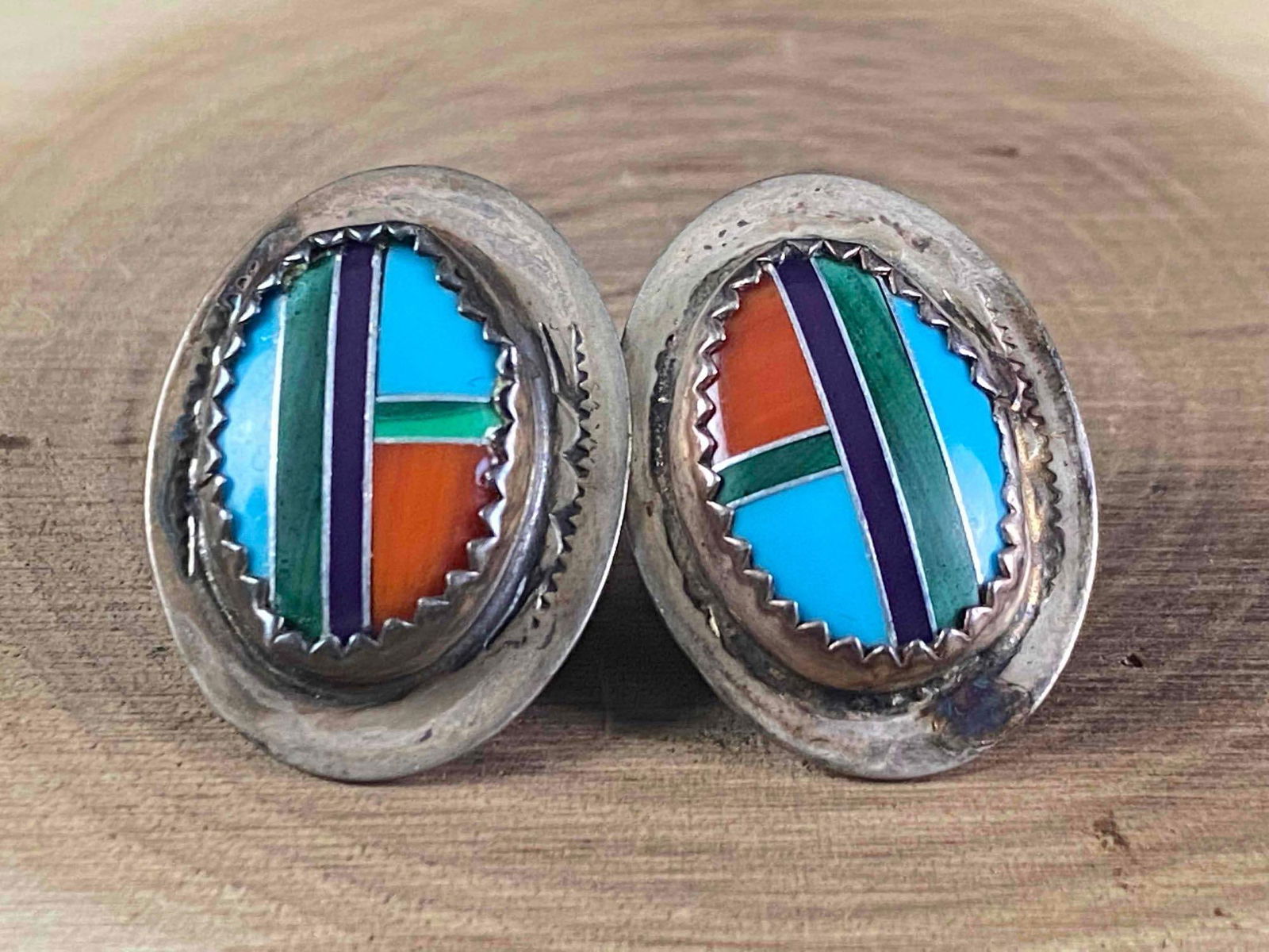 Vintage Navajo Harrison Bitsui Mosaic Turquoise Jasper Sterling Earrings: This fine handmade authentic Native American piece has been tested and researched to the best of our knowledge .Please review all of our pictures prior to bidding,they are part of the description . M