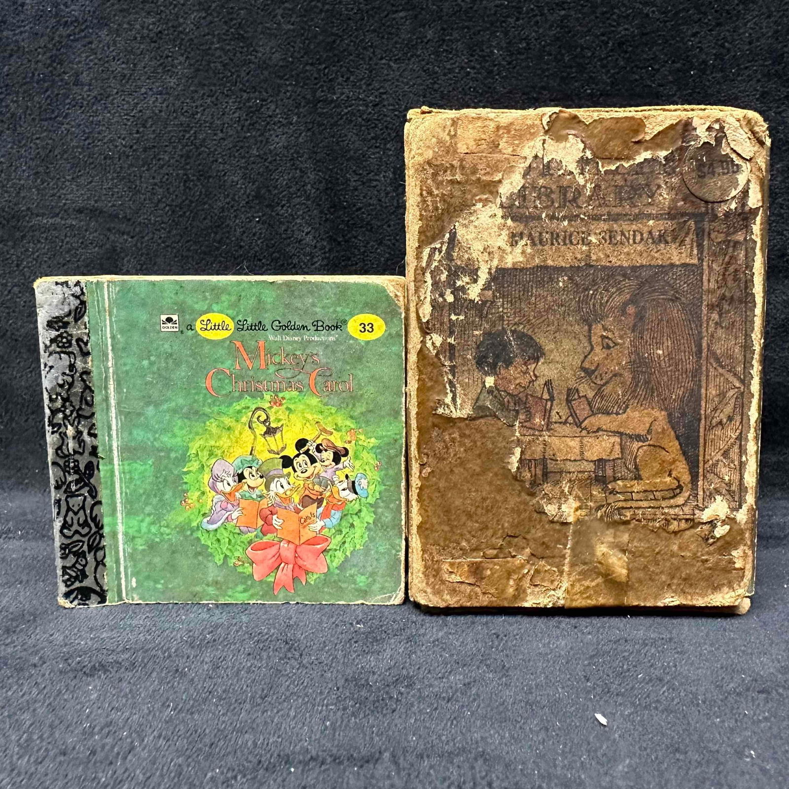 Maurice Sendak Nutshell Library Miniature Books and Disney Mickey’s Christmas Little Golden Book: Vintage lot including Maurice Sendak's classic "Nutshell Library" boxed set featuring four miniature Harper & Row books — Pierre, One Was Johnny, Chicken Soup With Rice, and Alligato
