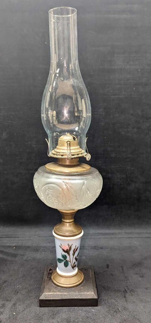 Vintage No 1 Queen Anne Oil Roses Lamp: Vintage No 1 Queen Anne Oil Roses Lamp. The vintage lamp pedestal has hand-painted roses, while the bottom is made of metal. The lamp is approx 5 1/2" x 5 1/2" x 14 1/4" and the glass lamp chimney is