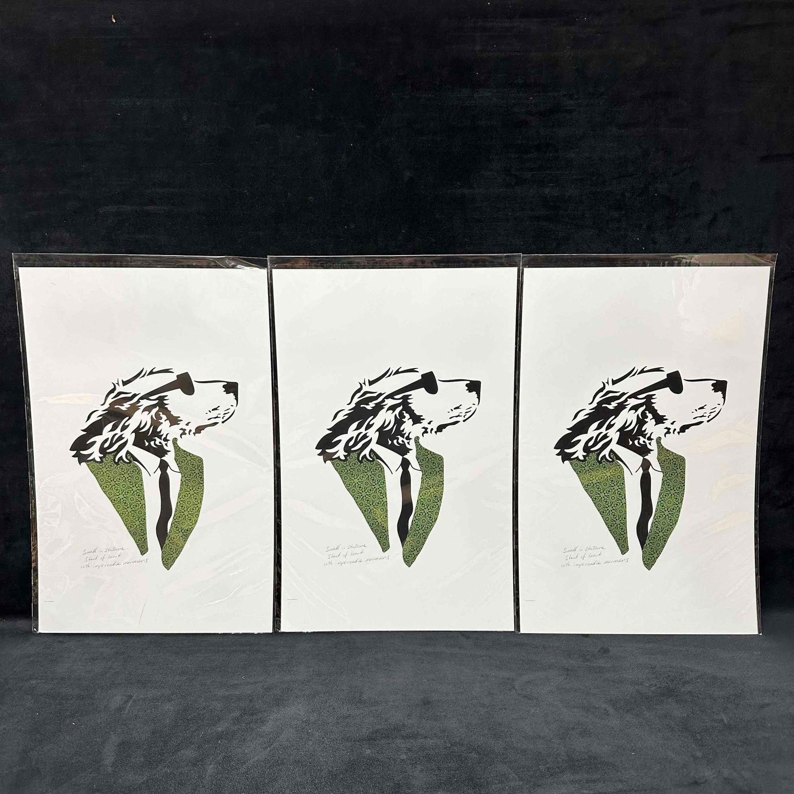 Lonely Dog Green Motif Design Suit Jacket and Black Tie Ivan Clarke Art Print Set Three: Lonely Dog Green Motif Design Suit Jacket and Black Tie Ivan Clarke Art Print Set Three. These small art prints are based off original's from Clarke's famous Lonely Dog series. These items are