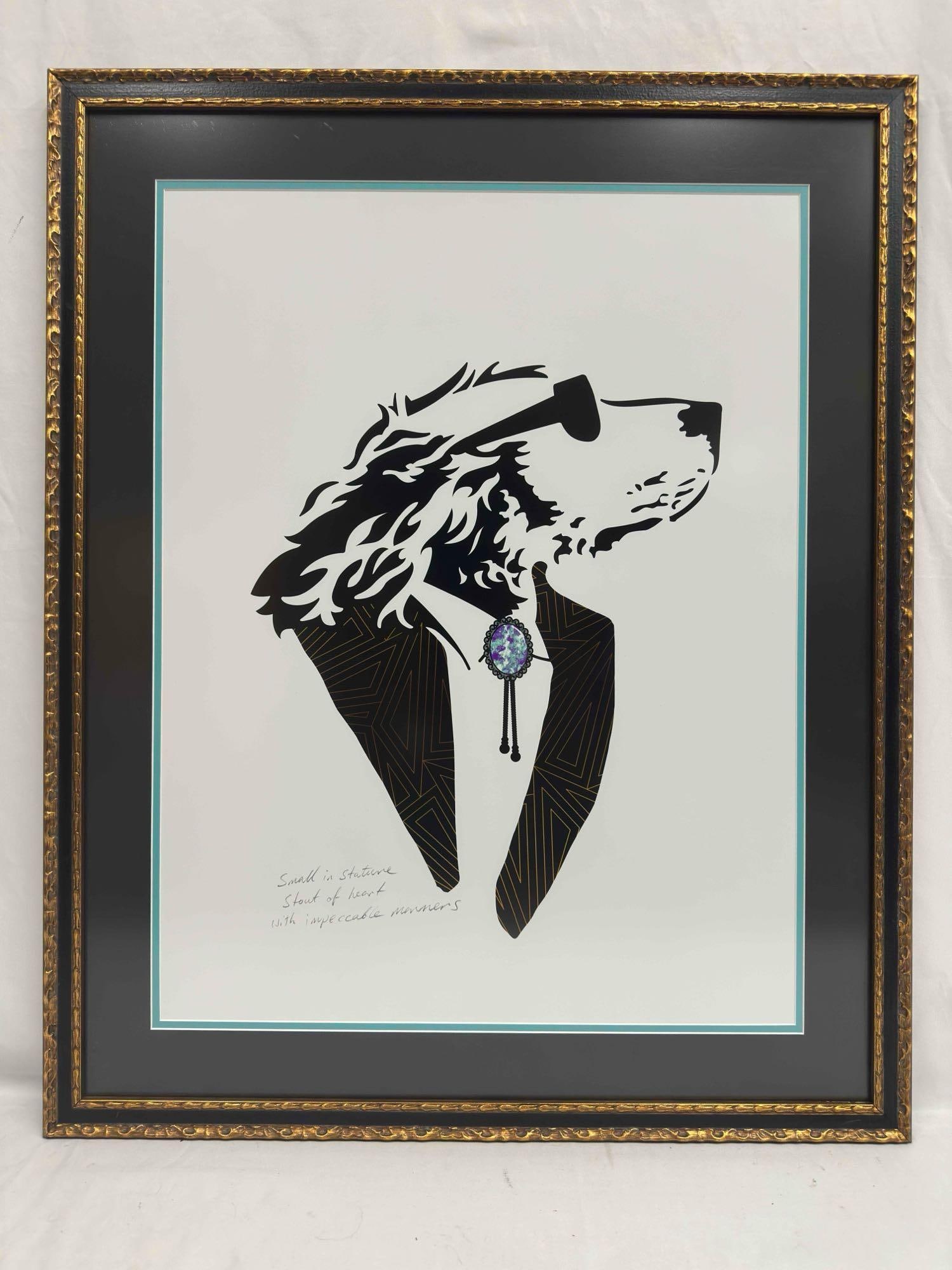Lonely Dog Gold Geometric Black Suit Jacket Turquoise Bolo Tie Giclee Framed Ivan Clarke Art Print: Lonely Dog Black Suit Jacket Turquoise Bolo Tie Giclee Framed Ivan Clarke Art Print. This art print by Ivan Clarke features the Lonely Dog in a geometric gold lined black suit jacket wearing a turquoi