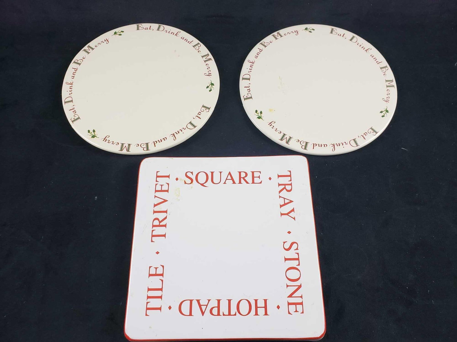 Lot of 3 Ceramic Hotpads: Lot of 3 Ceramic Hotpads. These hotpads are in good condition. There are no chips or cracks in the ceramic of any of the pieces. The set contains: 1 square Indoor Outfitters trivet. Measures 9.5"