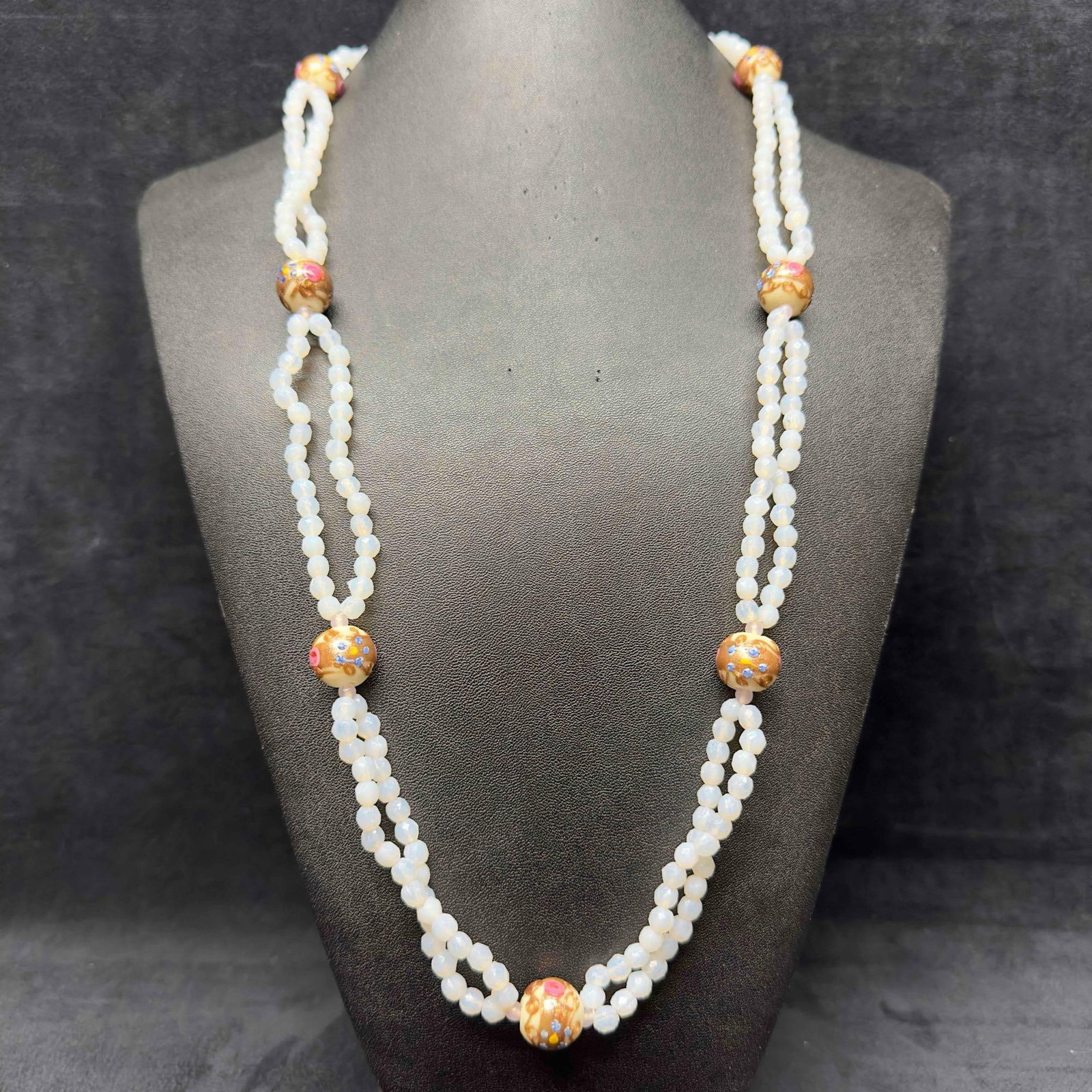 Venetian Murano Art Glass Lamp Work White Cream Floral Bead Fiorato Beaded Long Necklace E48: Venetian Murano Art Glass Lamp Work White Cream Floral Bead Fiorato Beaded Long Necklace E48. Necklace with cream colored glass beads with beautiful hand painted designs on each. The necklace features