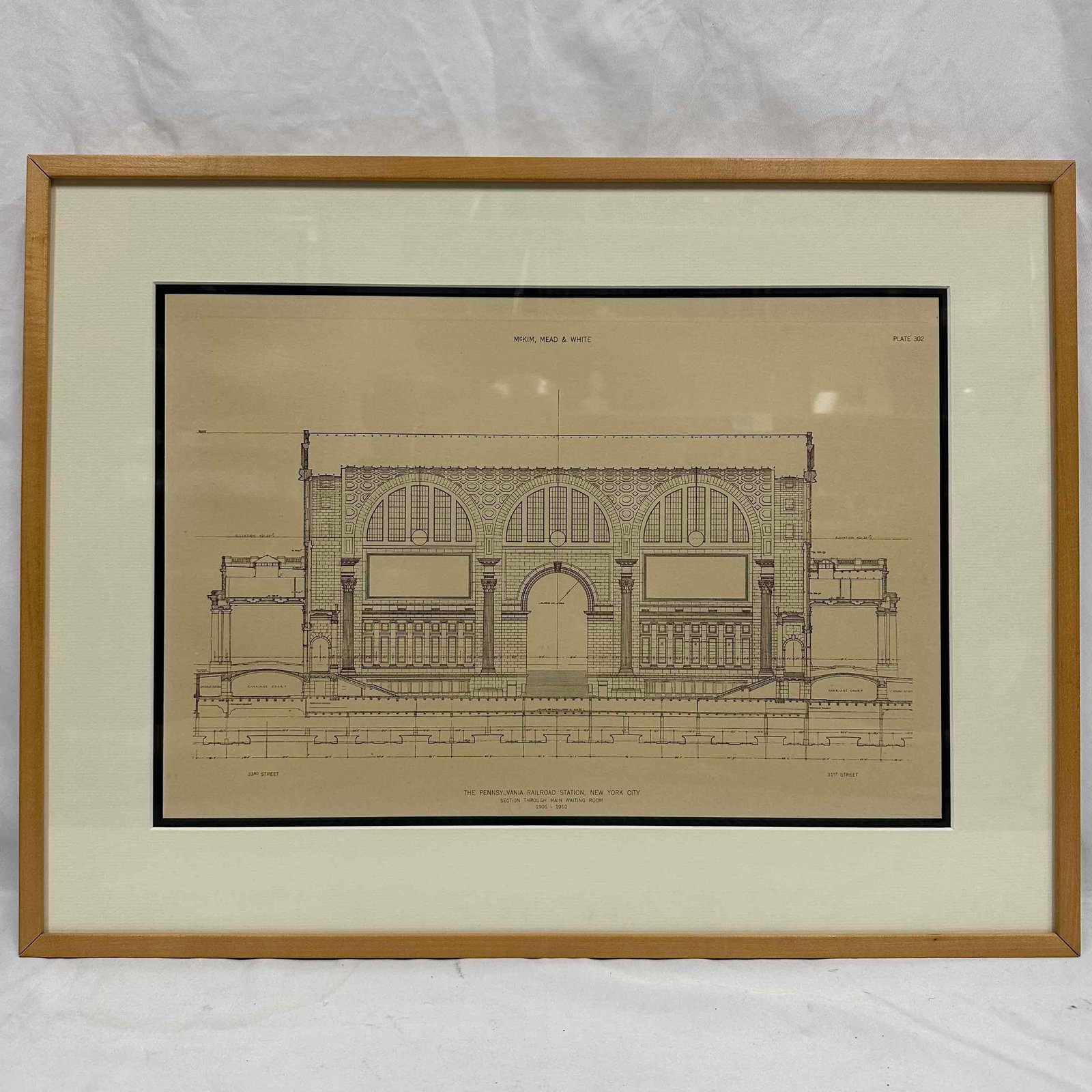 Architectural Drawing Print McKim Mead & White Pennsylvania Railroad Station NYC Framed: Architectural print depicting the section view of the main waiting room of Pennsylvania Railroad Station, New York City, designed by McKim, Mead & White (1906–1910). Professionally framed and ma