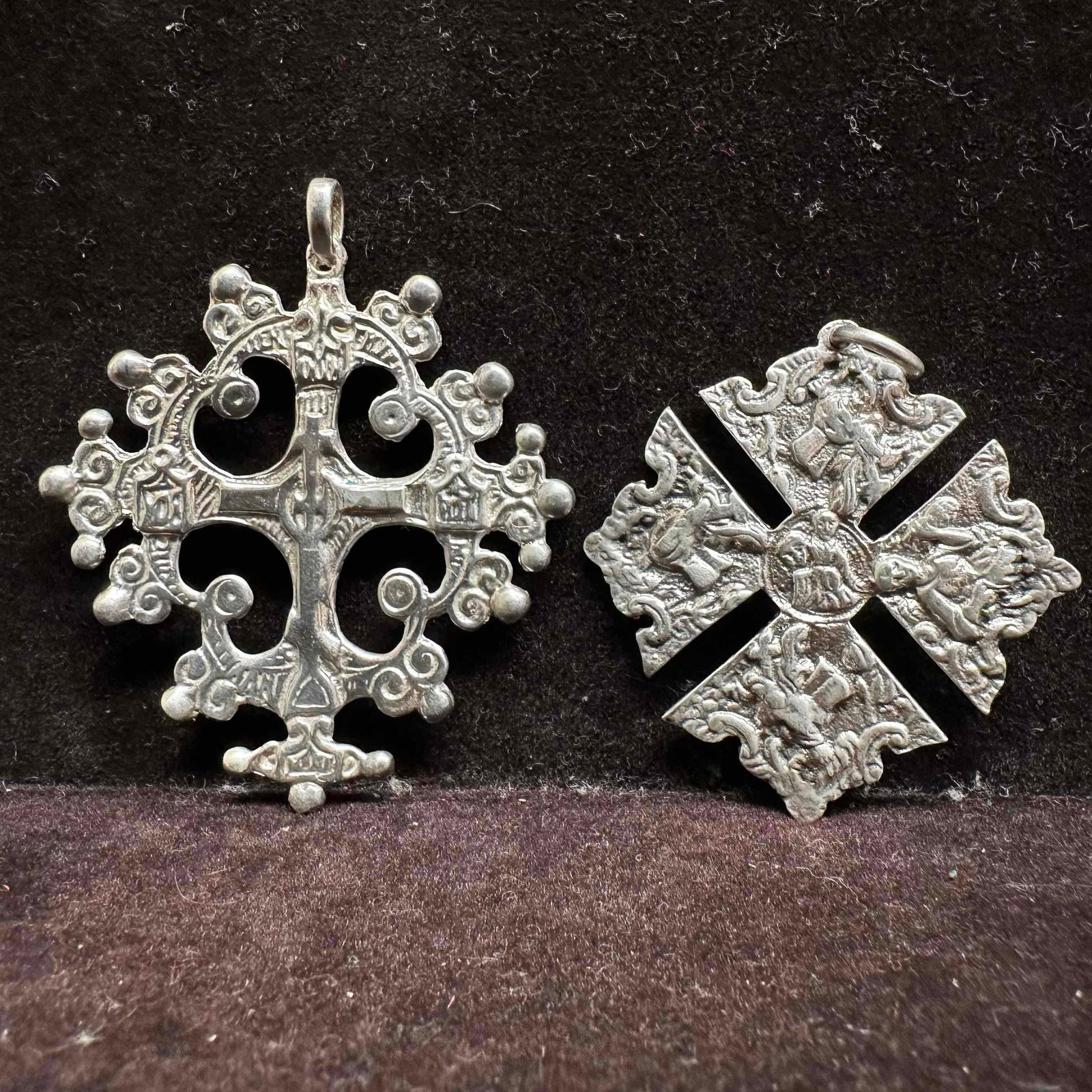 Pair of Vintage Sterling Silver Cross Pendants Ornate Religious Designs: These items are in good pre-owned, previously used/displayed condition with noticeable light wear, and surface scratches. Please reference all photos for full details. These pieces of jewelry have bee