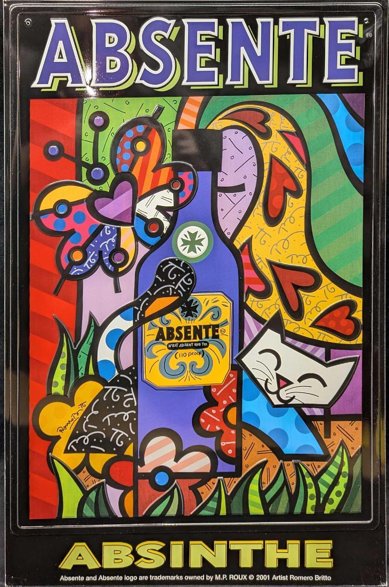 Absente Absinthe Metal Poster By Romero Britto E: Absente Absinthe Metal Poster By Romero Britto E. The poster has a light metal front and a cardboard backing. This is approx 16 1/2" x 25" and it weighs 1lb. There are some creases on the corners and
