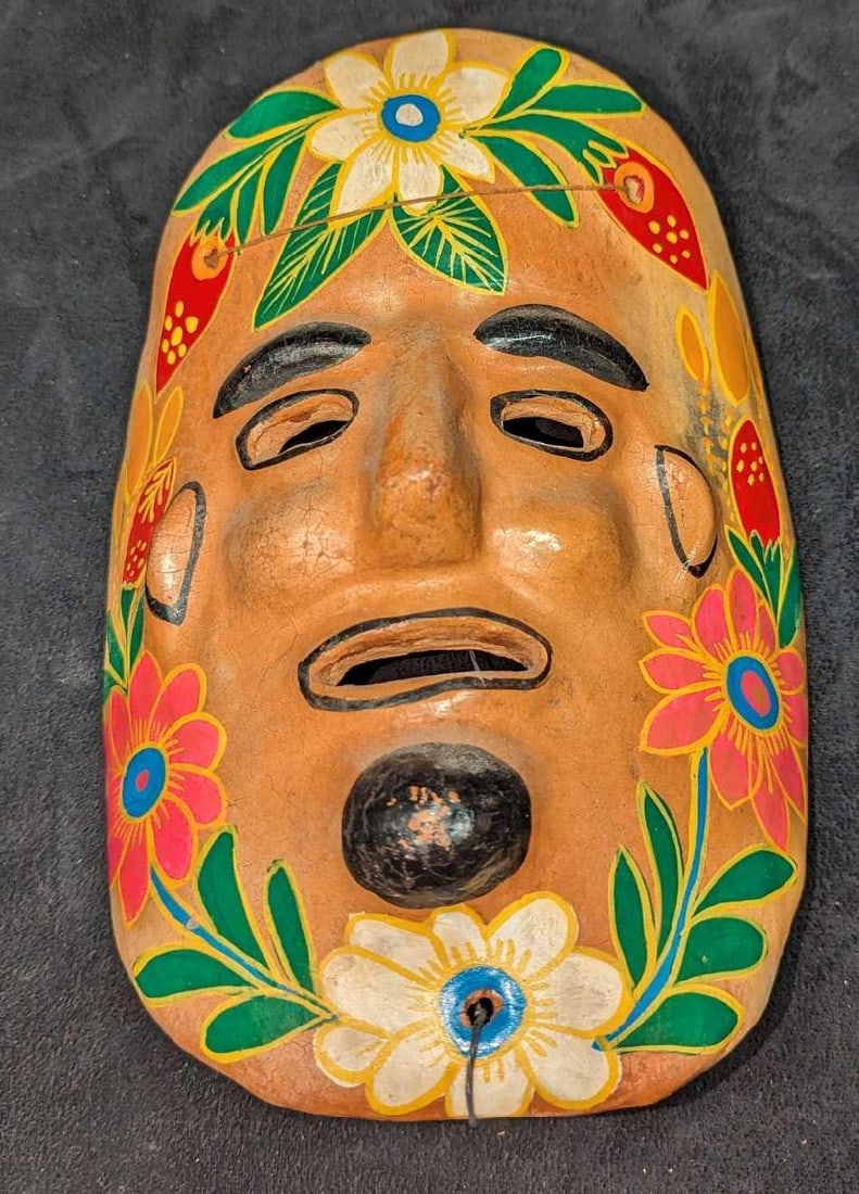 Vintage Pottery Hand Painted Folk Art Wall Mask: Vintage Pottery Hand Painted Folk Art Wall Mask. This is approx 6 3/4" x 3 1/2" x 9 3/8" and it weighs 1.09lb. There is some crazing on the mask and some color loss on the 'chin'. Please see the image