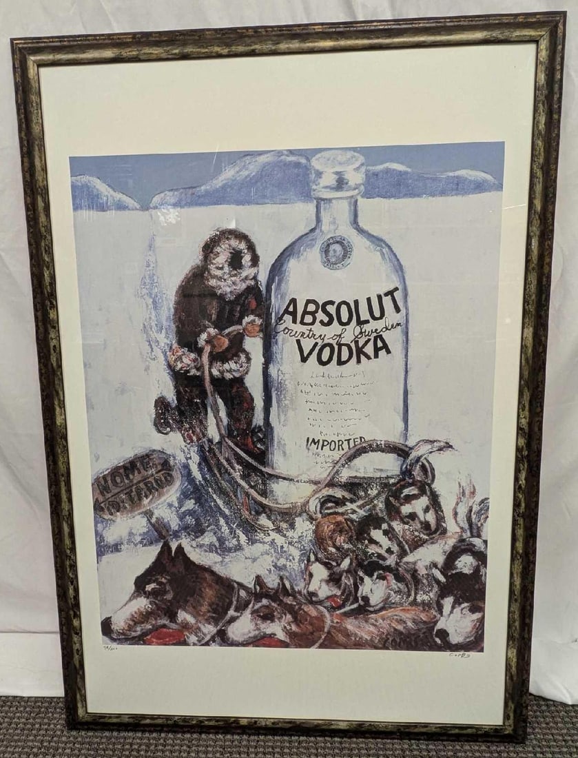 S&N Absolut Vodka Alaska Alex D. Combs Print: S&N Absolut Vodka Alaska Alex D. Combs Print. This one is #74 out of #400. The framed print is approx 28 3/4" x 1 1/4" x 41" and it weighs 11.20lbs. The frame has some chips. 