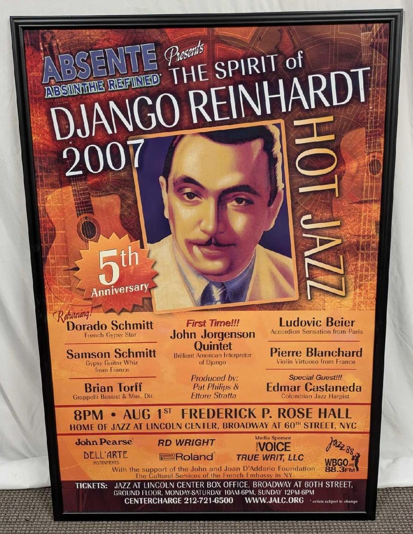 Framed Large Spirit Of Django Reinhardt Concert Poster: Framed Large Spirit Of Django Reinhardt Concert Poster. This was sponsored by Absente. The framed poster is approx 38" x 1" x 56 1/2" and it weighs 6lbs. Please note, there is no glass or plexy over