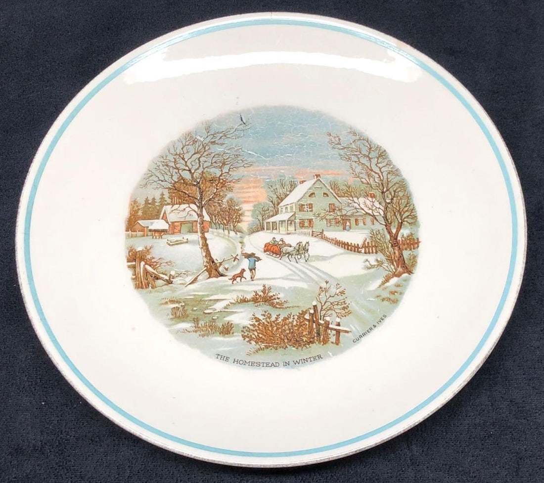 Currier & Ives Plate - "The Homestead In Winter": This lot contains Currier & Ives Plate "The Homestead In Winter". It is approx 9-1/4" x 9-1/4" x 1" and weighs about 1.0lbs. Overall the Currier & Ives Plate is in good used condition with signs