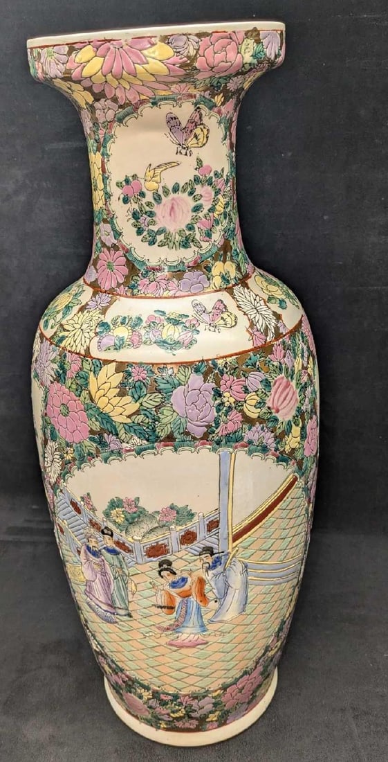Vintage 24" Famille Rose Porcelain Vase: Vintage 24" Famille Rose Porcelain Vase. This hand-painted vase is full of pink, yellow and white flowers and shows images of courtly men and women. The maker and date of creation is unknown. This is