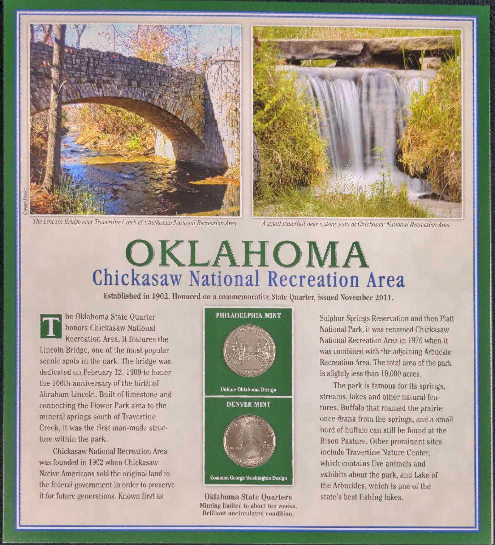 America The Beautiful State Quarters & Stamps Oklahoma: This comes with two coins of the state, one from the Philadelphia Mint and the other from the Denver Mint. Each is sealed and uncirculated. Each Collector Panel also features mint-condition historic