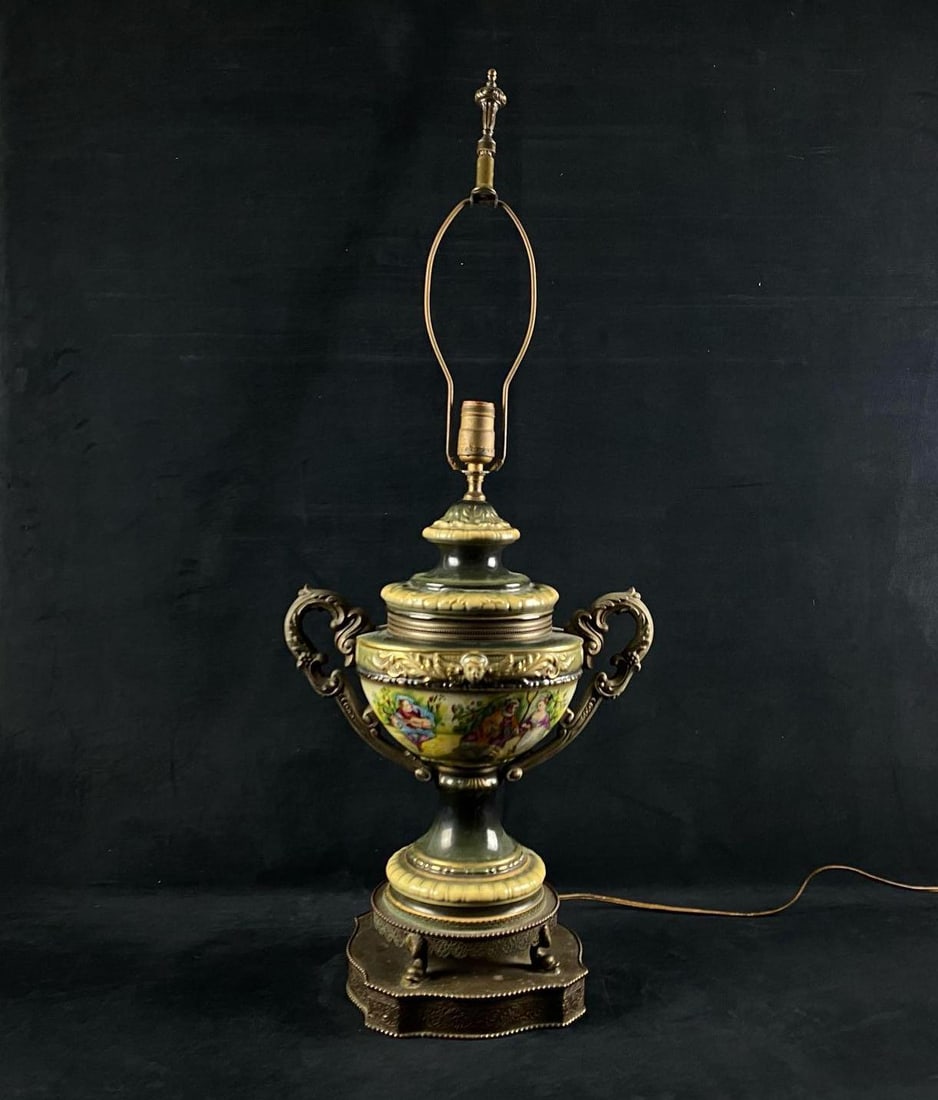 Antique Ornate Victorian Hand Painted Ceramic & Brass Vase Lamp #1: Antique Ornate Victorian Hand Painted Ceramic & Brass Vase Lamp . This stunning working lamp is in very good condition for its age. Does not include bulb or shade . Measurements are 31"